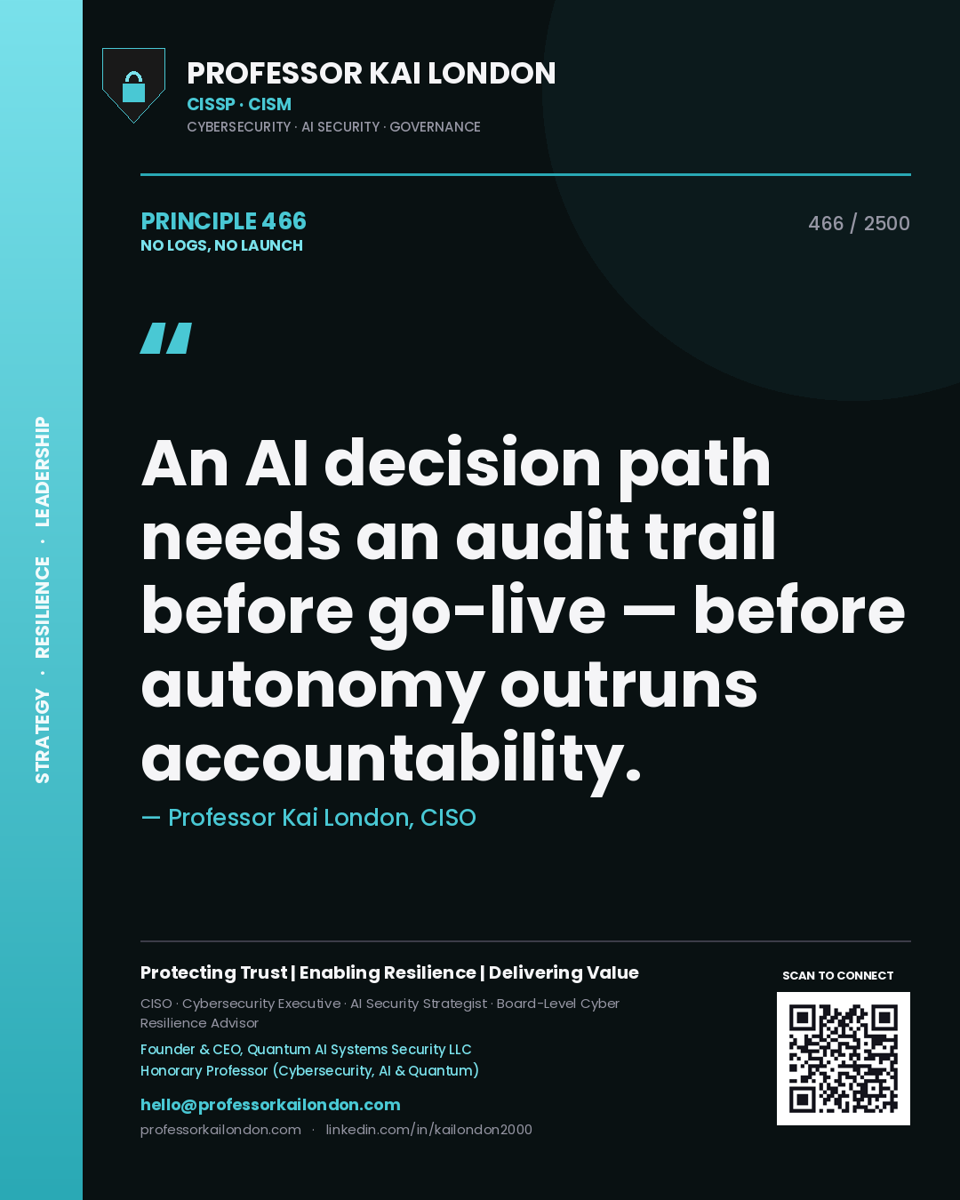 Quote card by Professor Kai London reading 'An AI decision path needs an audit trail before go-live — before autonomy outruns accountability.'. From the book No Logs, No Launch.
