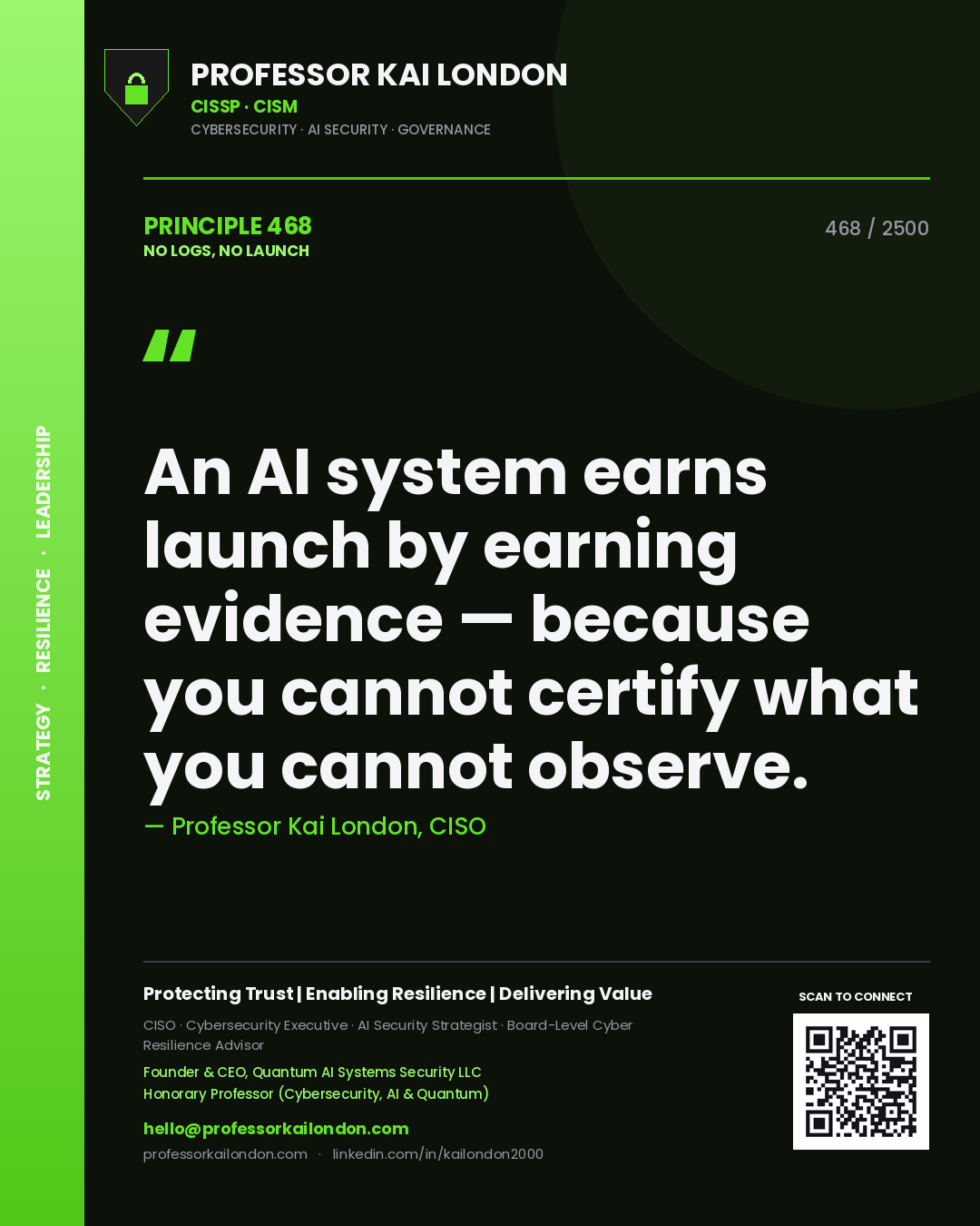 Professor Kai London principle 468: An AI system earns launch by earning evidence — because you cannot certify what you cannot observe.