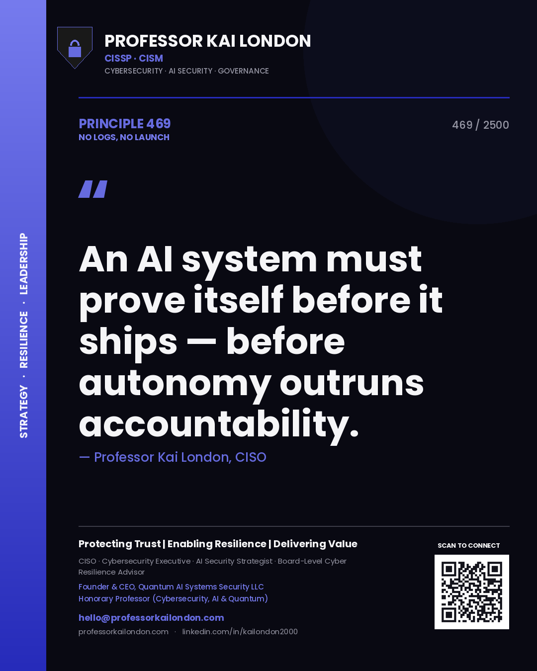Professor Kai London principle 469: An AI system must prove itself before it ships — before autonomy outruns accountability.