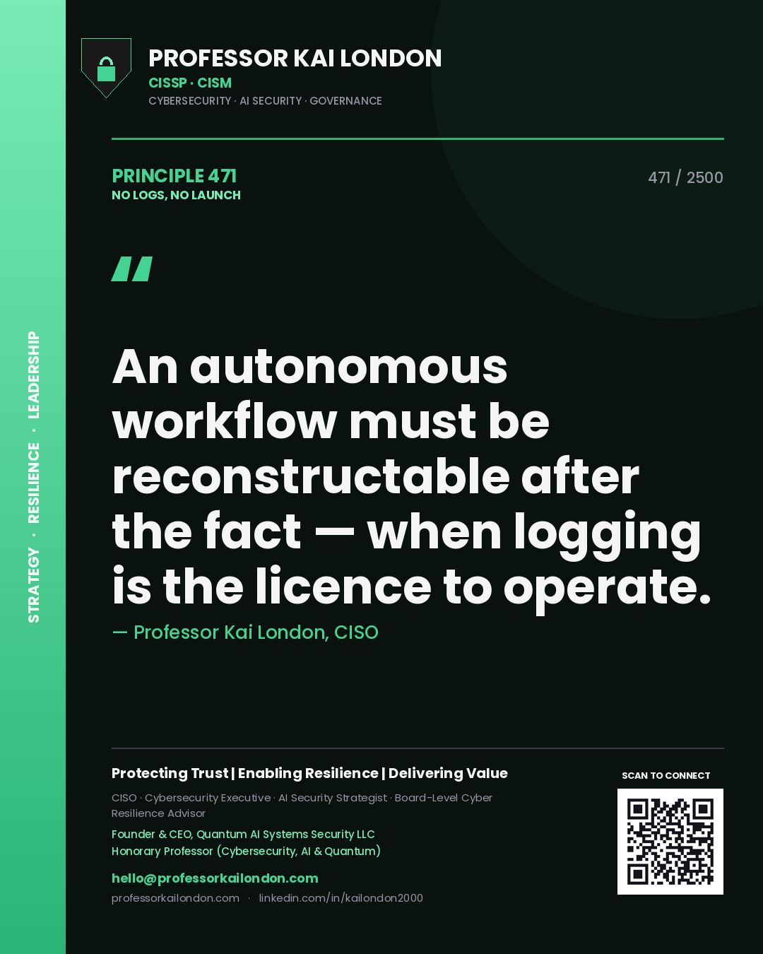 Professor Kai London principle 471: An autonomous workflow must be reconstructable after the fact — when logging is the licence to operate.