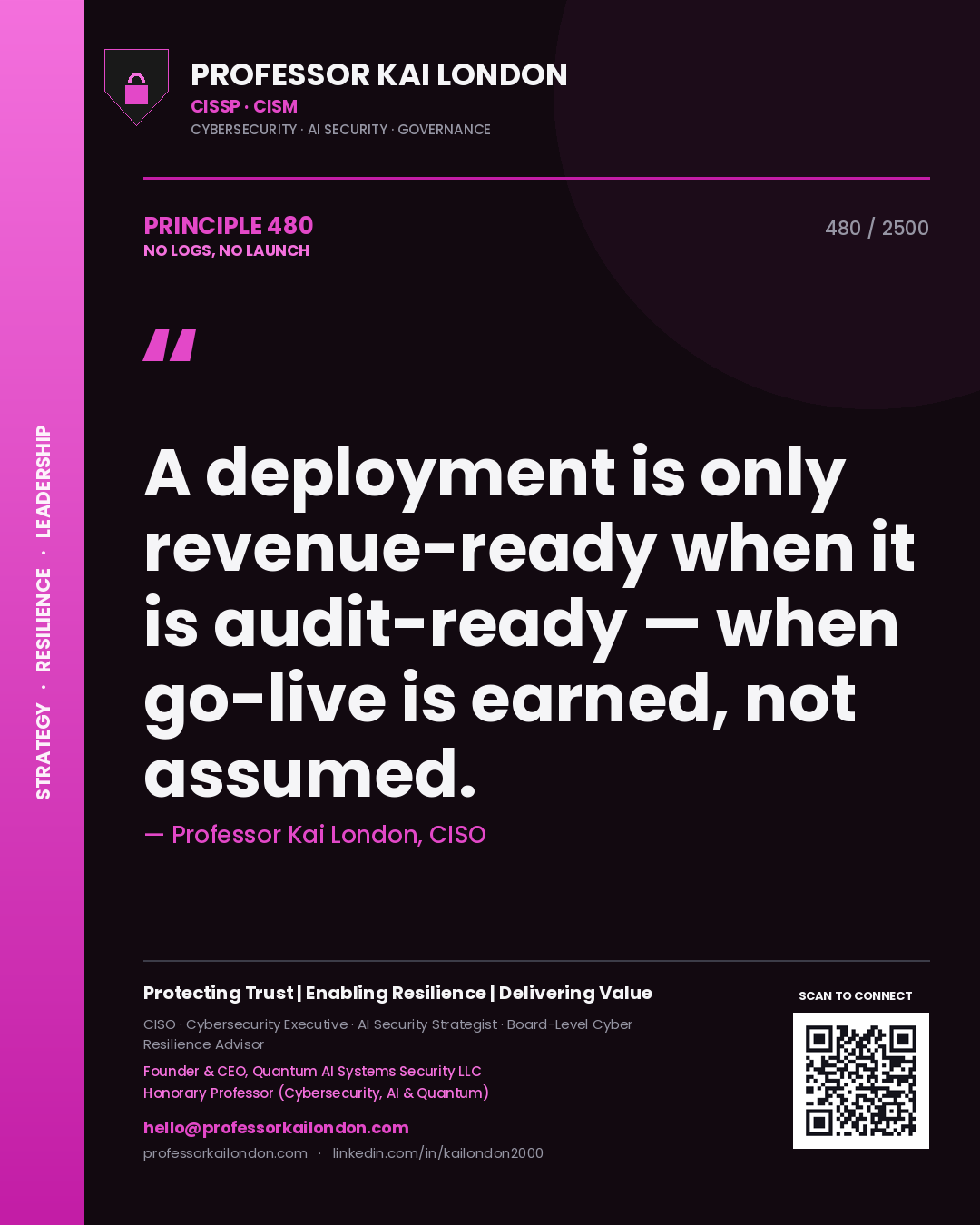 Quote card by Professor Kai London reading 'A deployment is only revenue-ready when it is audit-ready — when go-live is earned, not assumed.'. From the book No Logs, No Launch.