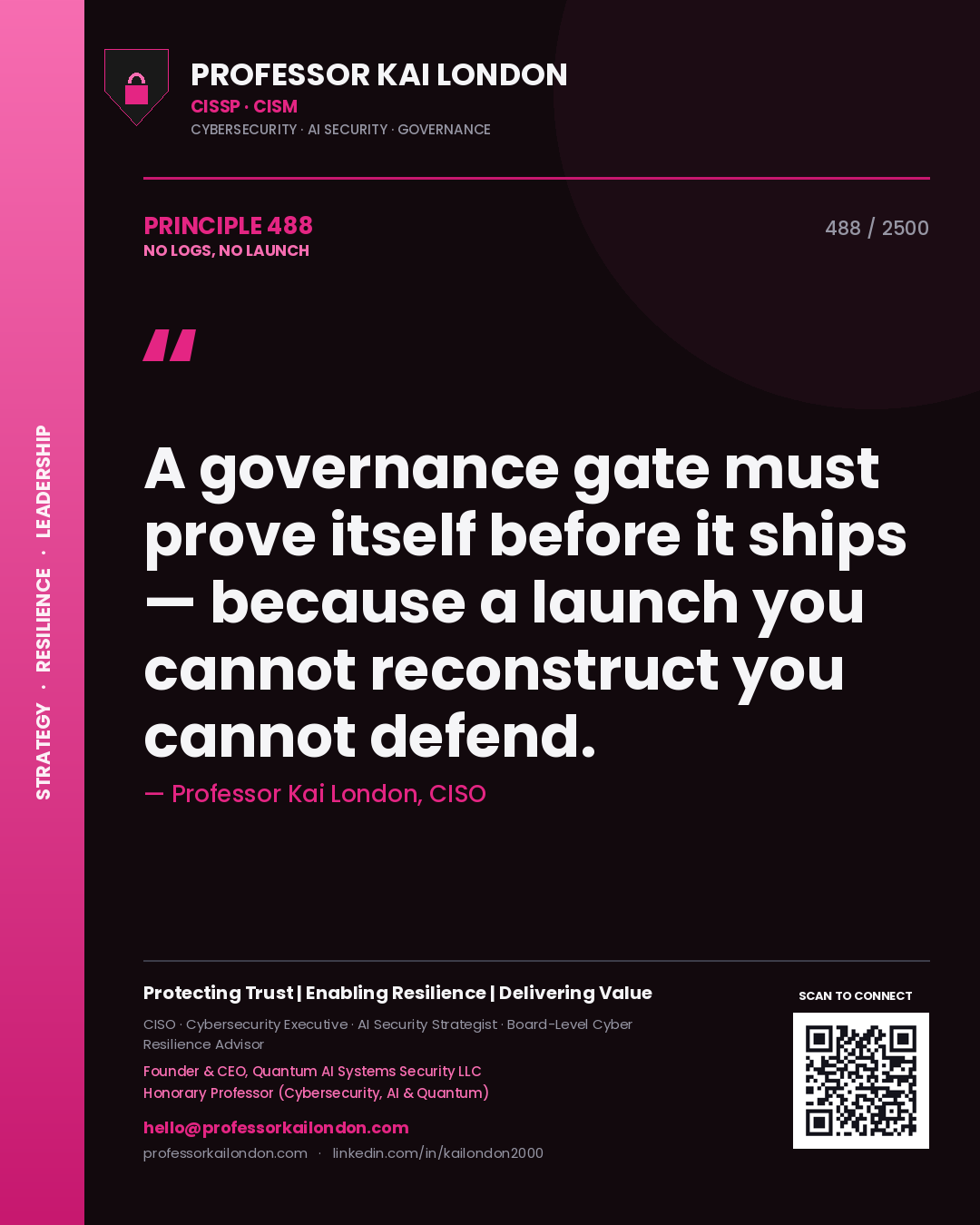 Professor Kai London principle 488: A governance gate must prove itself before it ships — because a launch you cannot reconstruct you cannot defend.