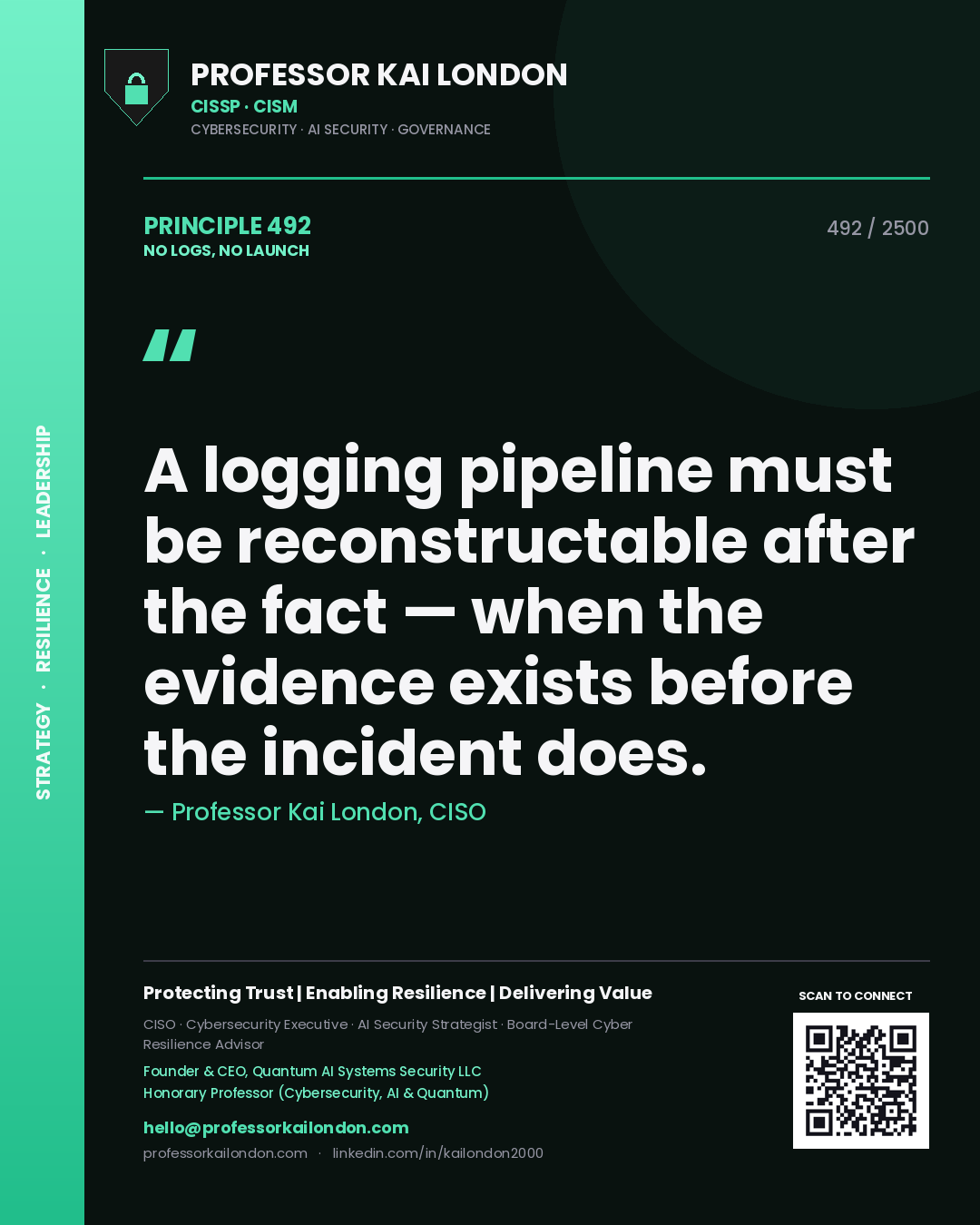 Professor Kai London principle 492: A logging pipeline must be reconstructable after the fact — when the evidence exists before the incident does.