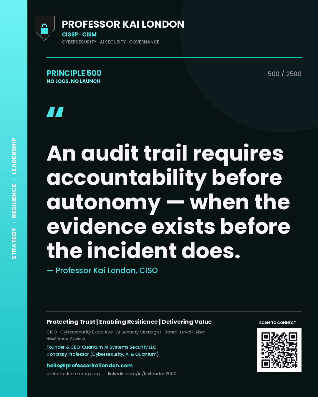 Quote card by Professor Kai London reading 'An audit trail requires accountability before autonomy — when the evidence exists before the incident does.'. From the book No Logs, No Launch.
