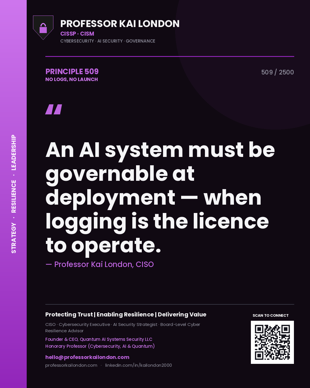 Quote card by Professor Kai London reading 'An AI system must be governable at deployment — when logging is the licence to operate.'. From the book No Logs, No Launch.