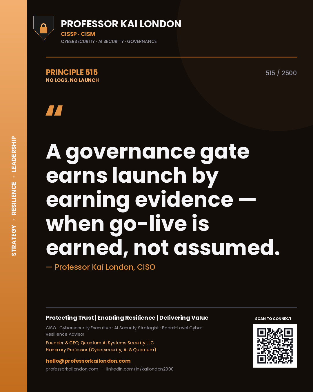 Professor Kai London principle 515: A governance gate earns launch by earning evidence — when go-live is earned, not assumed.
