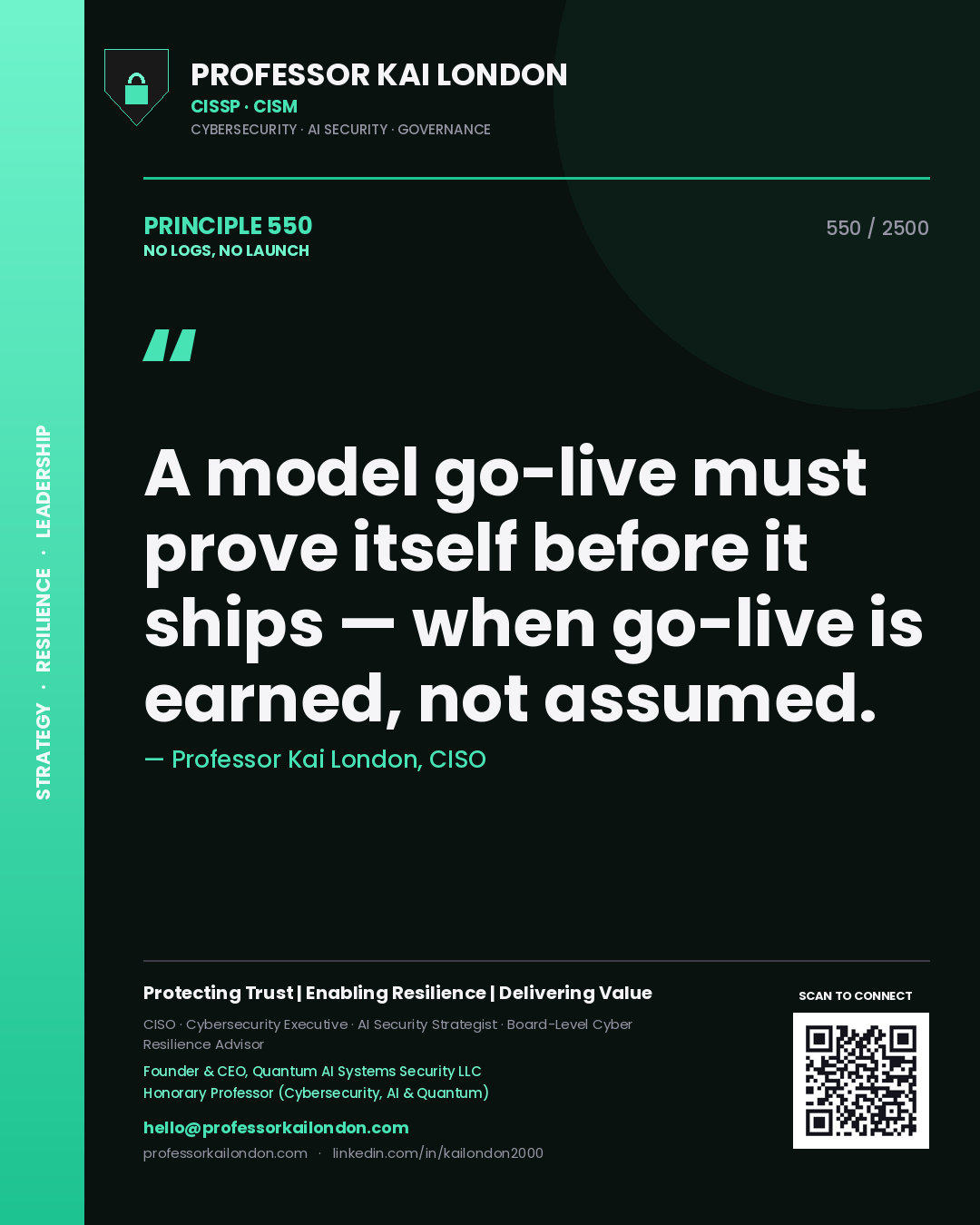 Quote card by Professor Kai London reading 'A model go-live must prove itself before it ships — when go-live is earned, not assumed.'. From the book No Logs, No Launch.