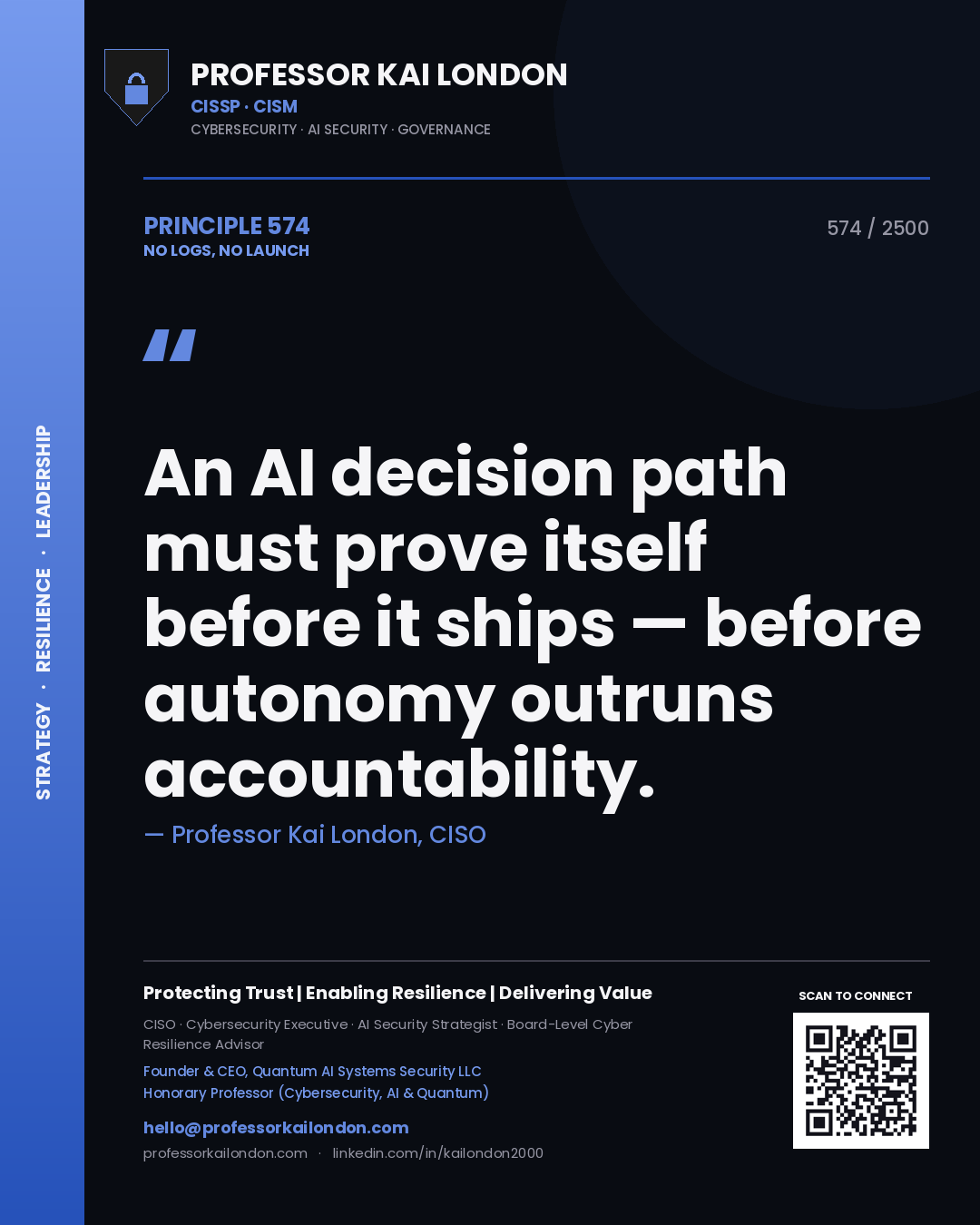 Quote card by Professor Kai London reading 'An AI decision path must prove itself before it ships — before autonomy outruns accountability.'. From the book No Logs, No Launch.