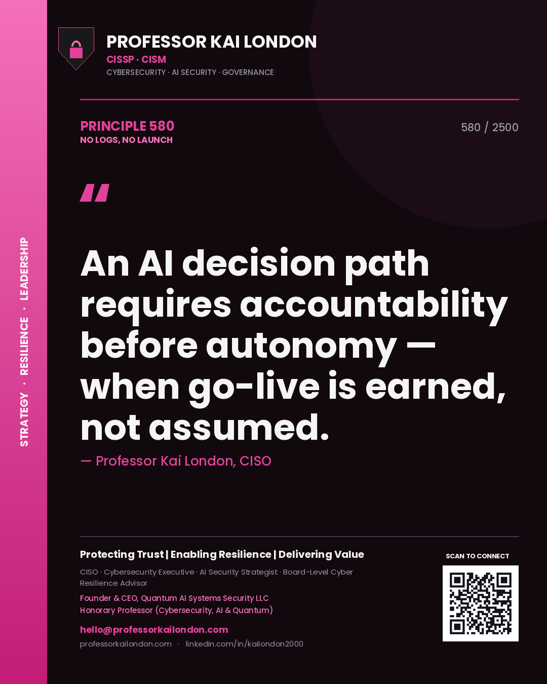 Quote card by Professor Kai London reading 'An AI decision path requires accountability before autonomy — when go-live is earned, not assumed.'. From the book No Logs, No Launch.