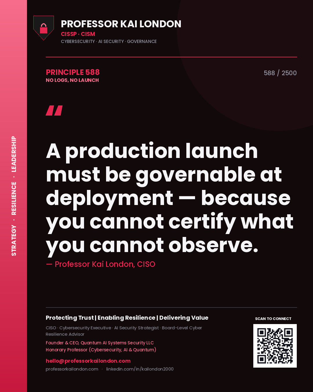 Quote card by Professor Kai London reading 'A production launch must be governable at deployment — because you cannot certify what you cannot observe.'. From the book No Logs, No Launch.