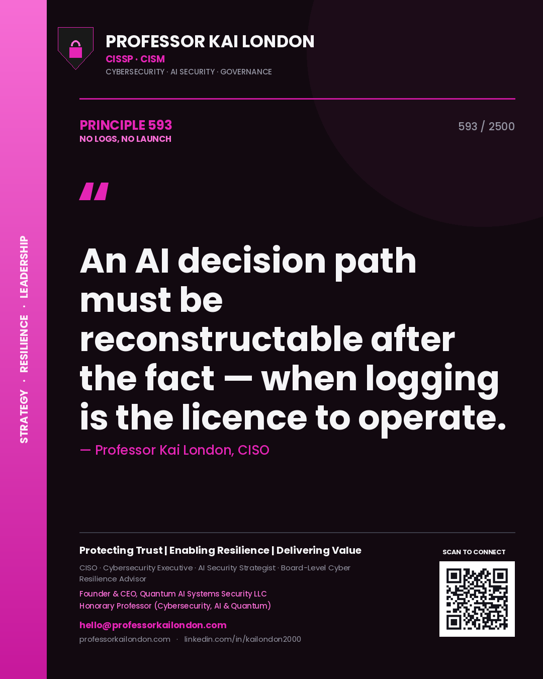 Professor Kai London principle 593: An AI decision path must be reconstructable after the fact — when logging is the licence to operate.