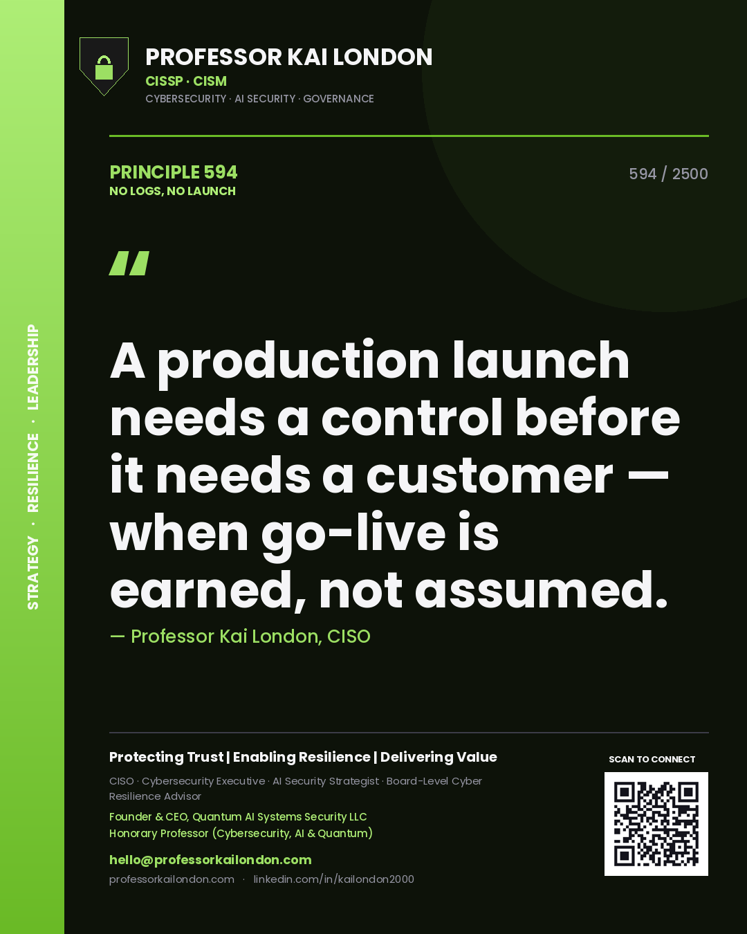 Professor Kai London principle 594: A production launch needs a control before it needs a customer — when go-live is earned, not assumed.