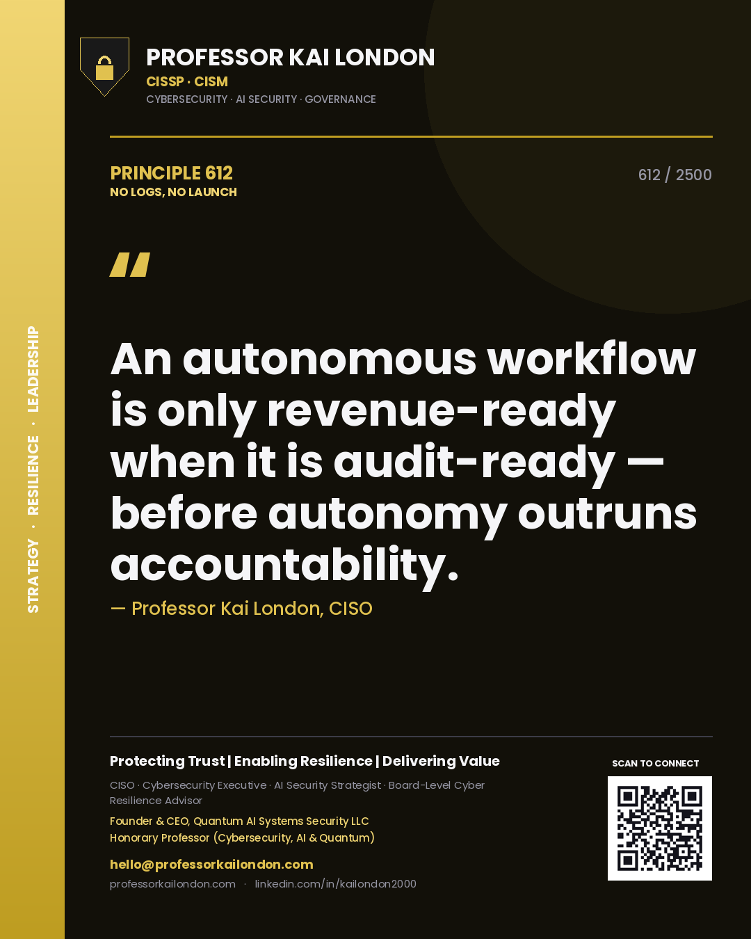 Quote card by Professor Kai London reading 'An autonomous workflow is only revenue-ready when it is audit-ready — before autonomy outruns accountability.'. From the book No Logs, No Launch.