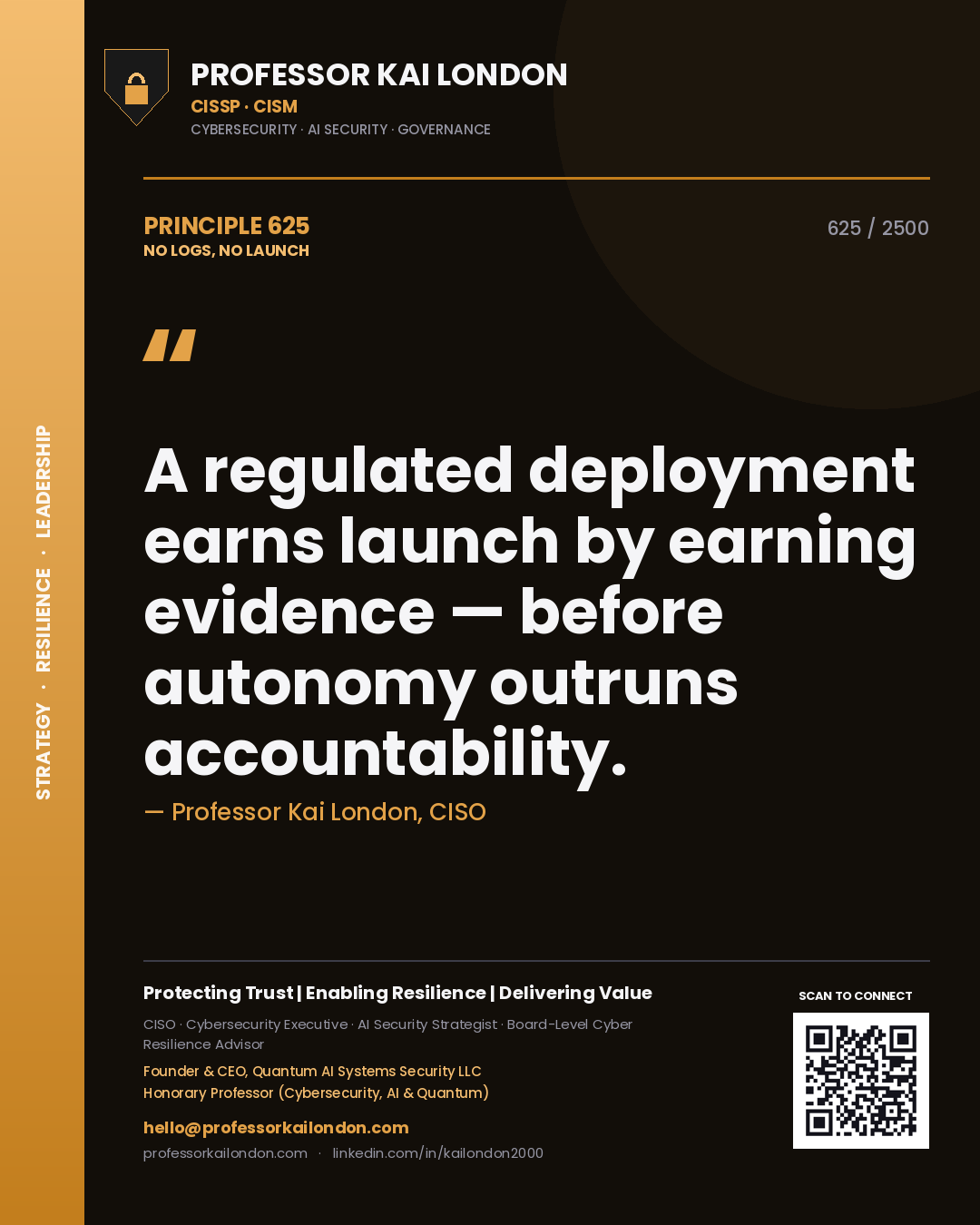 Quote card by Professor Kai London reading 'A regulated deployment earns launch by earning evidence — before autonomy outruns accountability.'. From the book No Logs, No Launch.