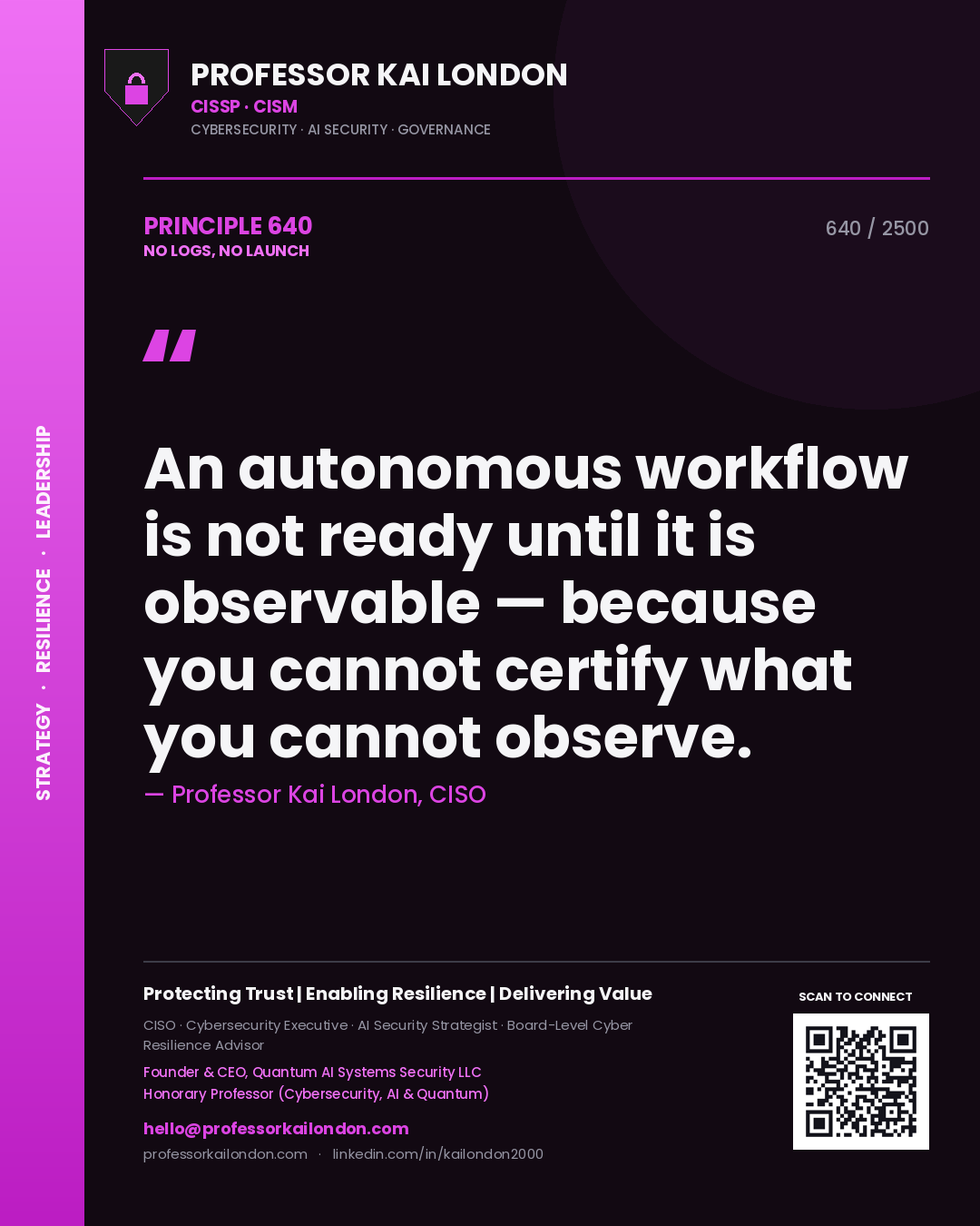 Quote card by Professor Kai London reading 'An autonomous workflow is not ready until it is observable — because you cannot certify what you cannot observe.'. From the book No Logs, No Launch.