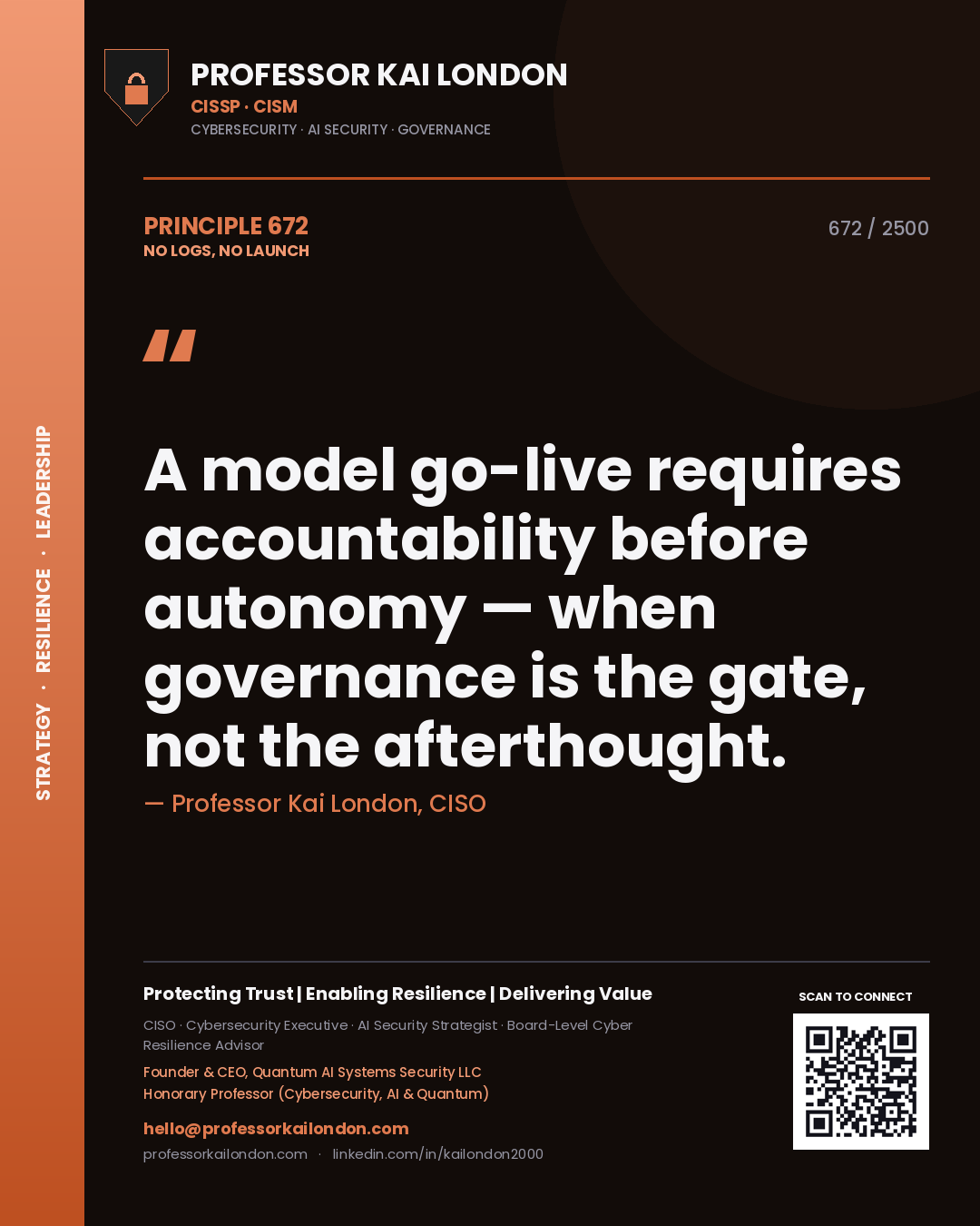 Quote card by Professor Kai London reading 'A model go-live requires accountability before autonomy — when governance is the gate, not the afterthought.'. From the book No Logs, No Launch.