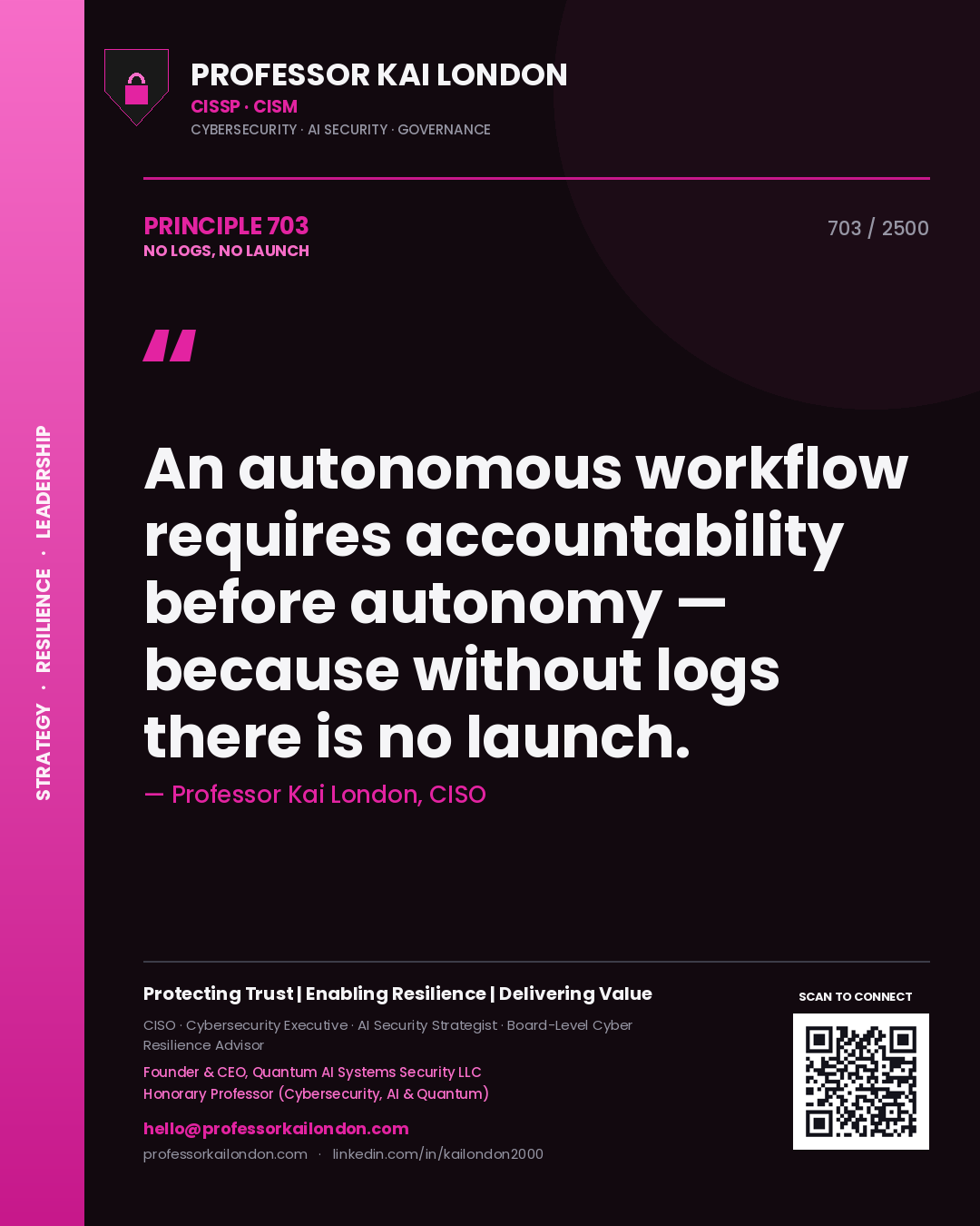 Quote card by Professor Kai London reading 'An autonomous workflow requires accountability before autonomy — because without logs there is no launch.'. From the book No Logs, No Launch.