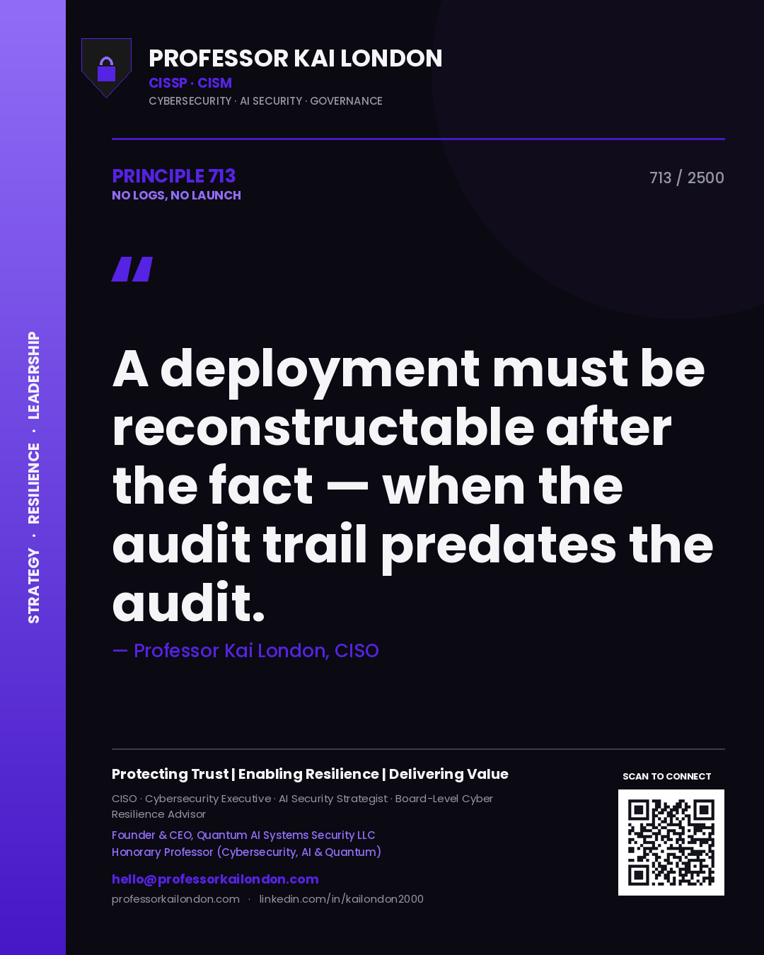 Professor Kai London principle 713: A deployment must be reconstructable after the fact — when the audit trail predates the audit.