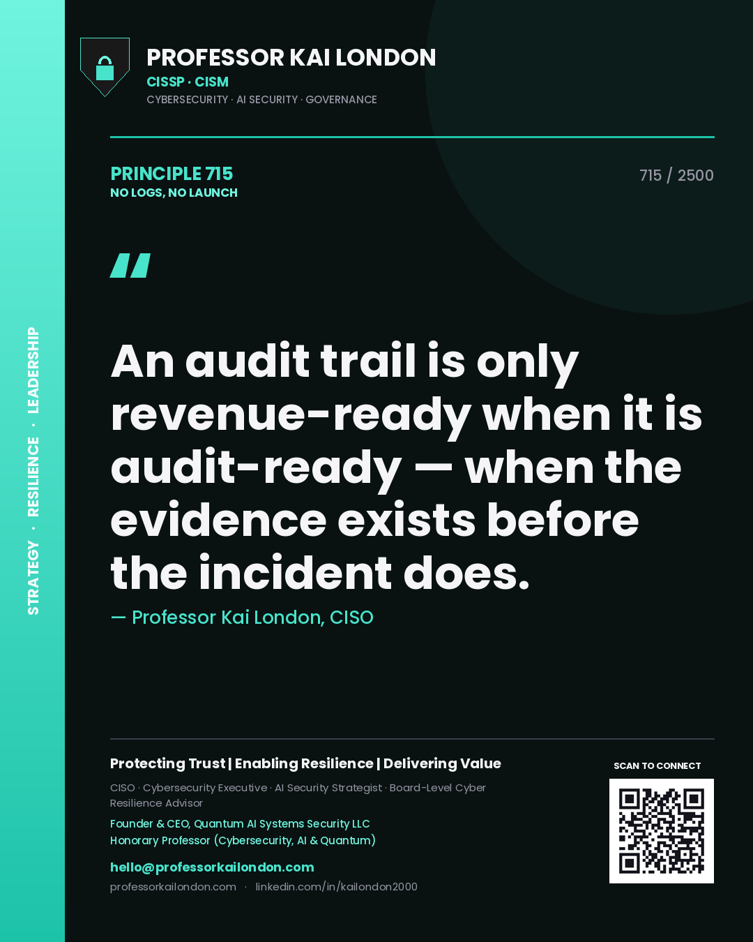 Quote card by Professor Kai London reading 'An audit trail is only revenue-ready when it is audit-ready — when the evidence exists before the incident does.'. From the book No Logs, No Launch.