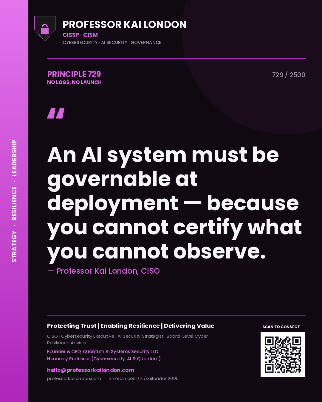 Quote card by Professor Kai London reading 'An AI system must be governable at deployment — because you cannot certify what you cannot observe.'. From the book No Logs, No Launch.