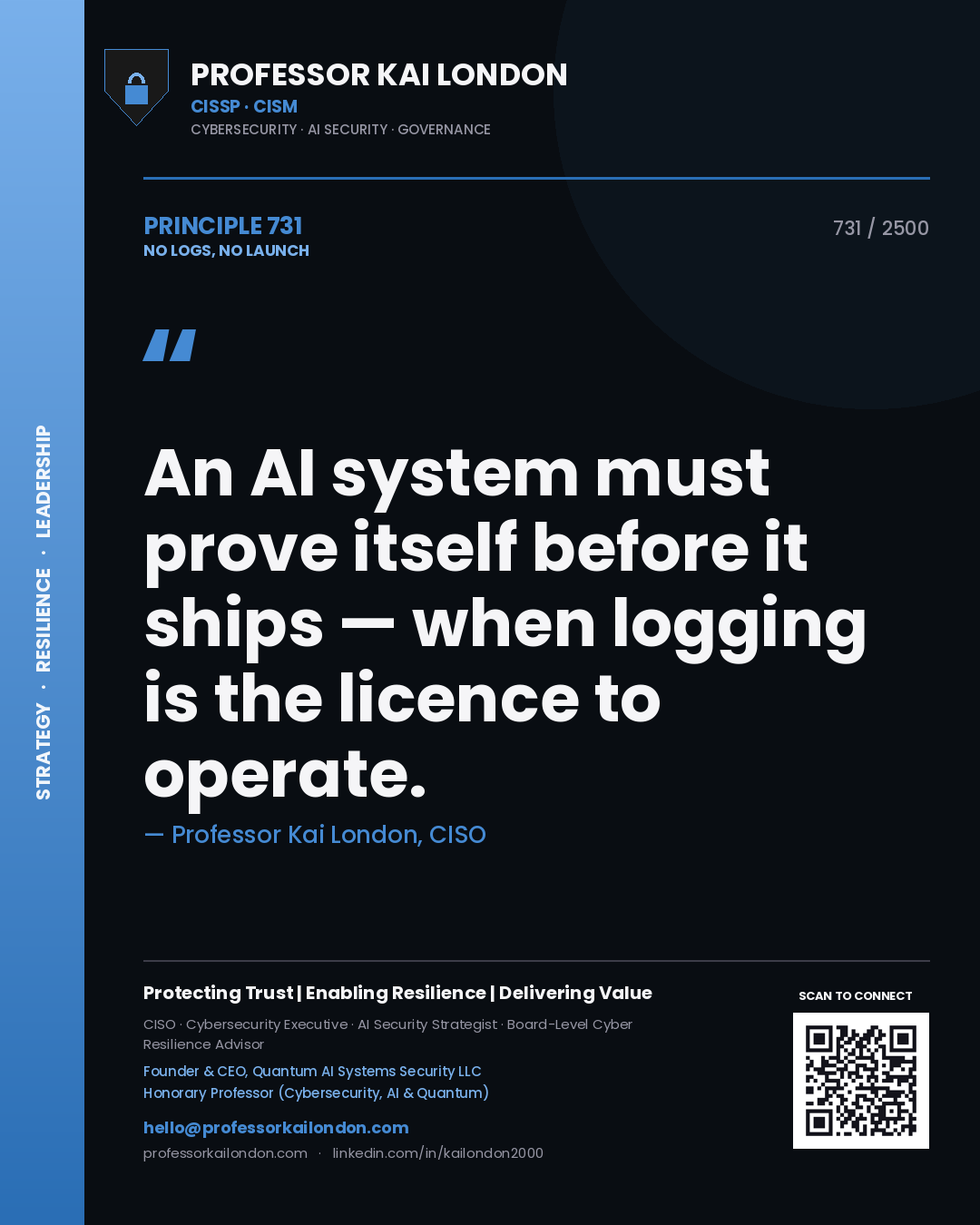 Quote card by Professor Kai London reading 'An AI system must prove itself before it ships — when logging is the licence to operate.'. From the book No Logs, No Launch.