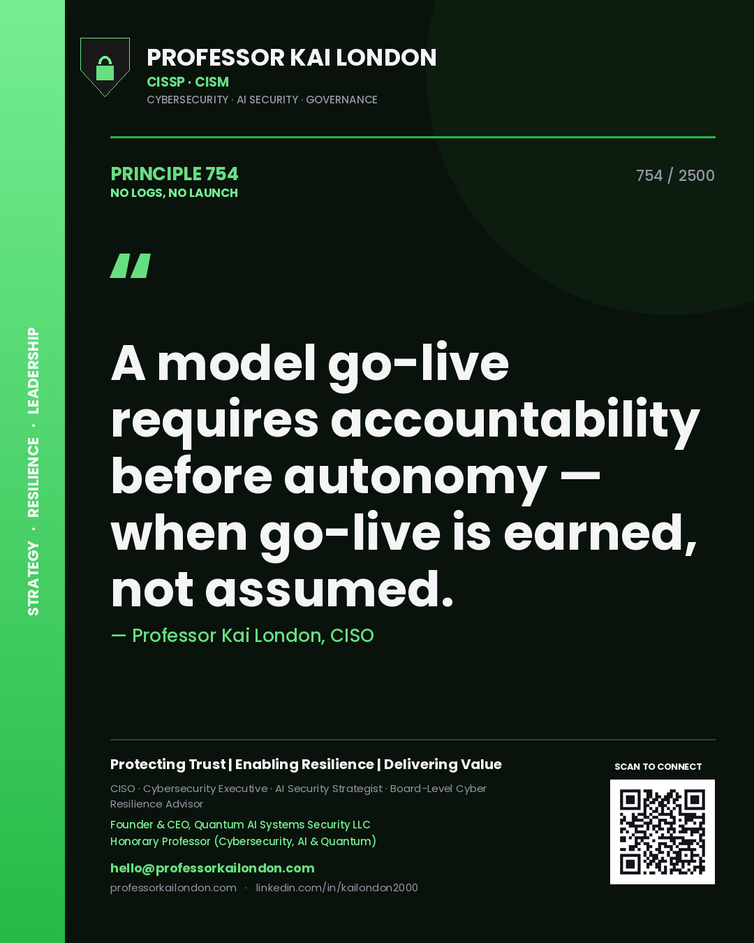 Professor Kai London principle 754: A model go-live requires accountability before autonomy — when go-live is earned, not assumed.