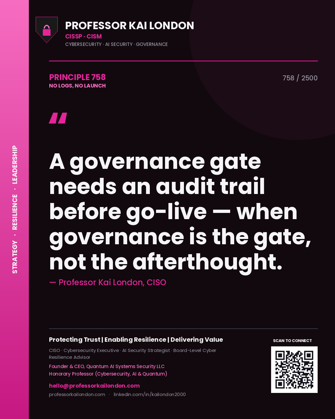 Professor Kai London principle 758: A governance gate needs an audit trail before go-live — when governance is the gate, not the afterthought.