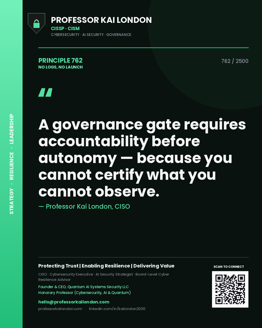 Quote card by Professor Kai London reading 'A governance gate requires accountability before autonomy — because you cannot certify what you cannot observe.'. From the book No Logs, No Launch.