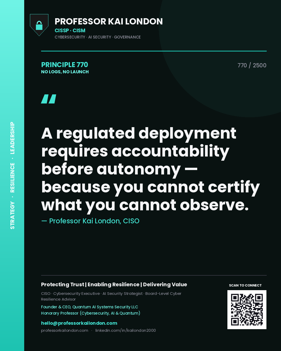 Quote card by Professor Kai London reading 'A regulated deployment requires accountability before autonomy — because you cannot certify what you cannot observe.'. From the book No Logs, No Launch.