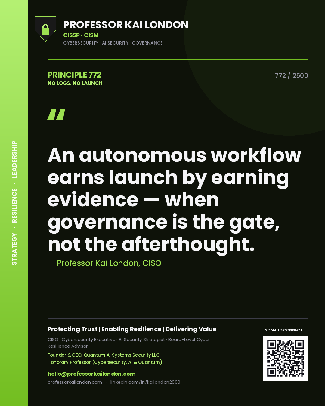 Professor Kai London principle 772: An autonomous workflow earns launch by earning evidence — when governance is the gate, not the afterthought.