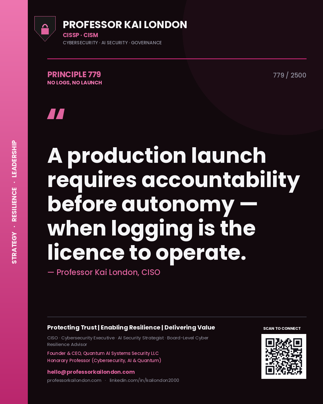 Quote card by Professor Kai London reading 'A production launch requires accountability before autonomy — when logging is the licence to operate.'. From the book No Logs, No Launch.
