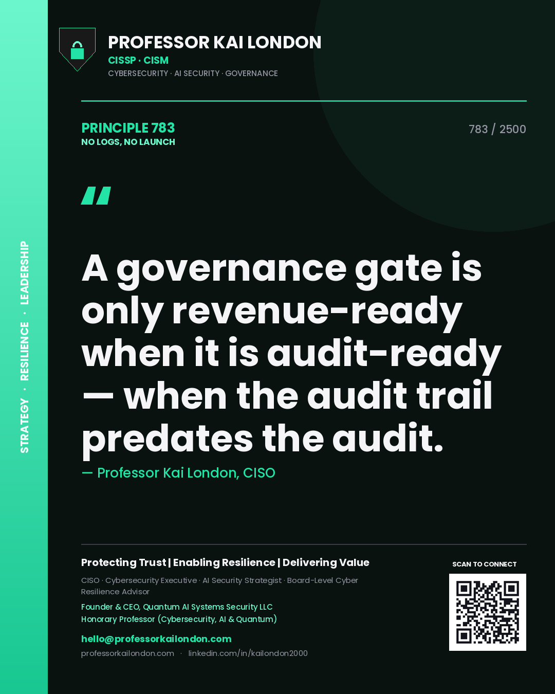 Quote card by Professor Kai London reading 'A governance gate is only revenue-ready when it is audit-ready — when the audit trail predates the audit.'. From the book No Logs, No Launch.