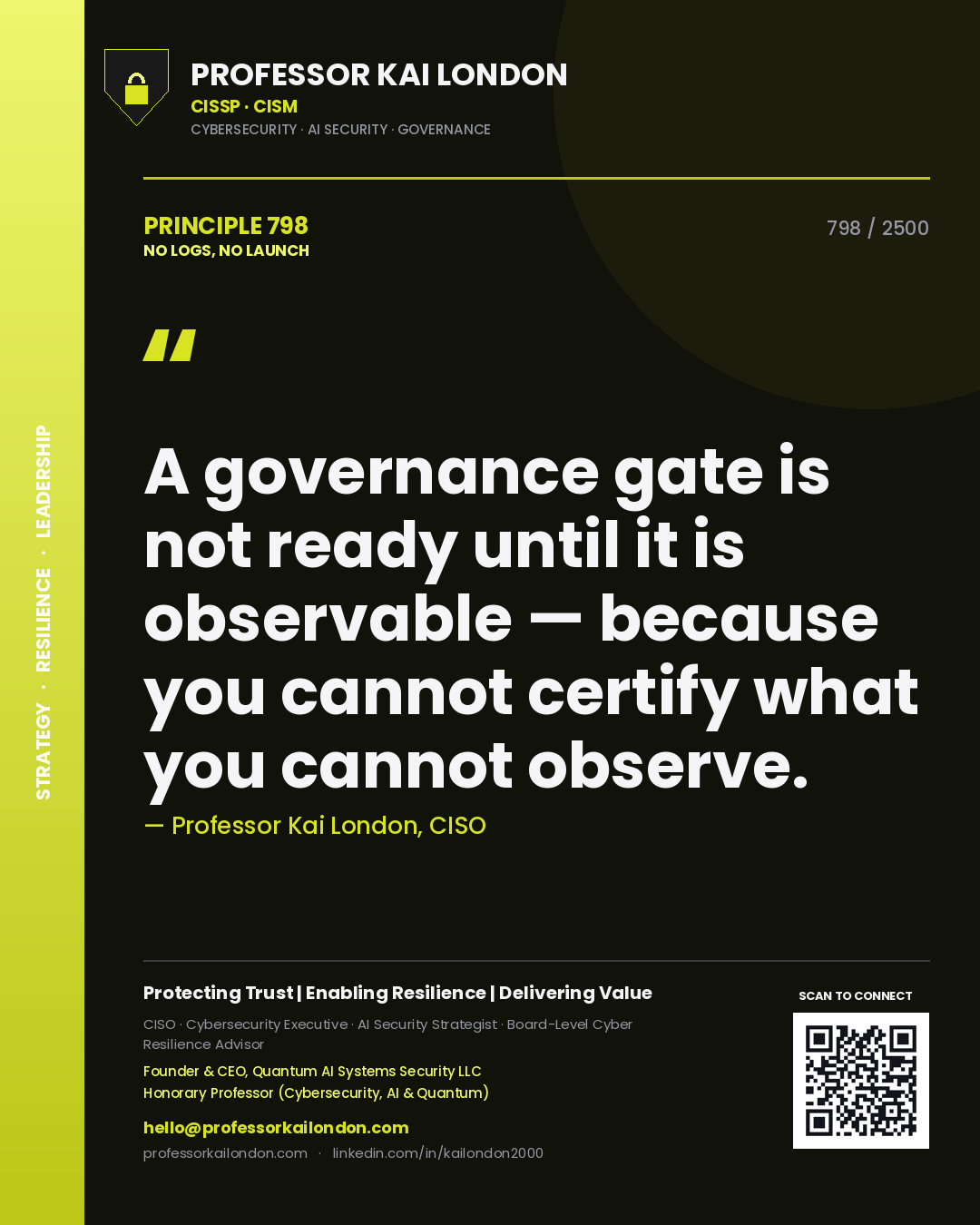 Quote card by Professor Kai London reading 'A governance gate is not ready until it is observable — because you cannot certify what you cannot observe.'. From the book No Logs, No Launch.