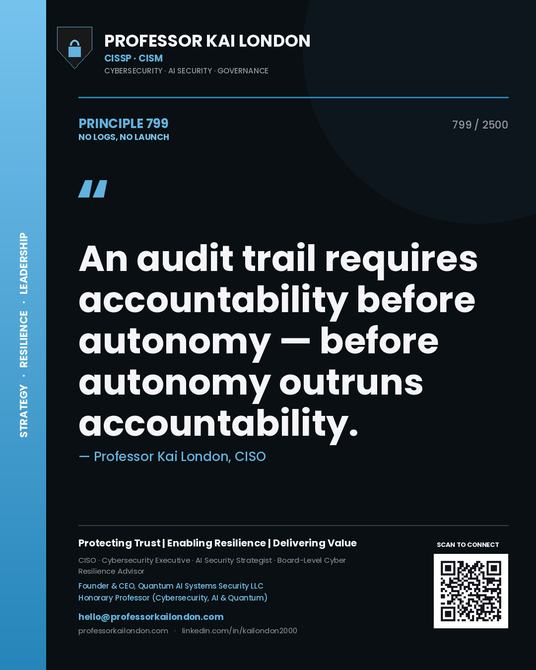 Quote card by Professor Kai London reading 'An audit trail requires accountability before autonomy — before autonomy outruns accountability.'. From the book No Logs, No Launch.