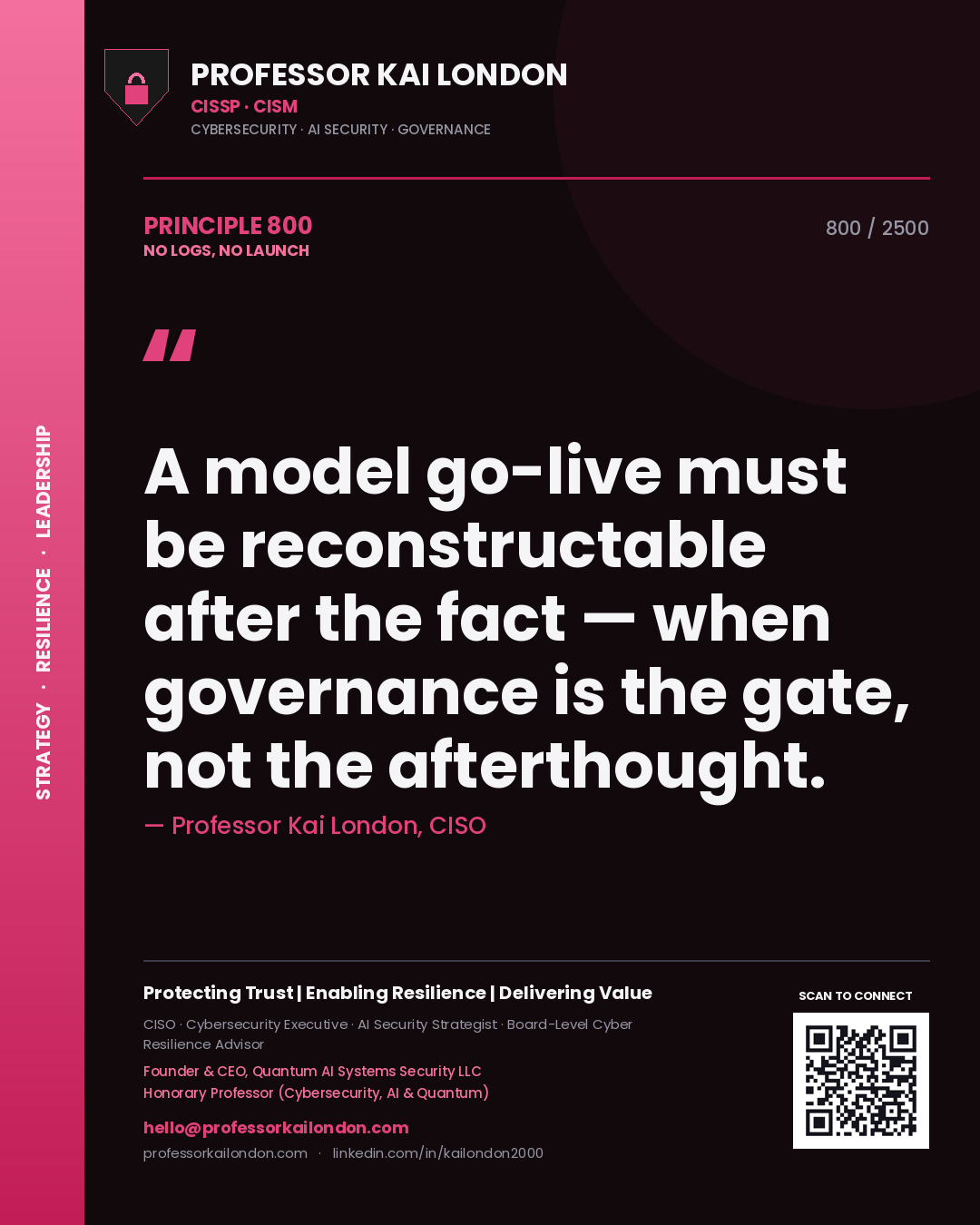 Quote card by Professor Kai London reading 'A model go-live must be reconstructable after the fact — when governance is the gate, not the afterthought.'. From the book No Logs, No Launch.