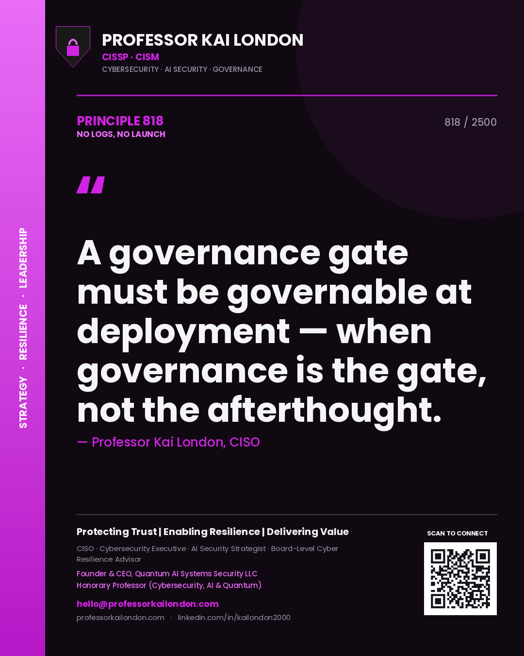 Quote card by Professor Kai London reading 'A governance gate must be governable at deployment — when governance is the gate, not the afterthought.'. From the book No Logs, No Launch.