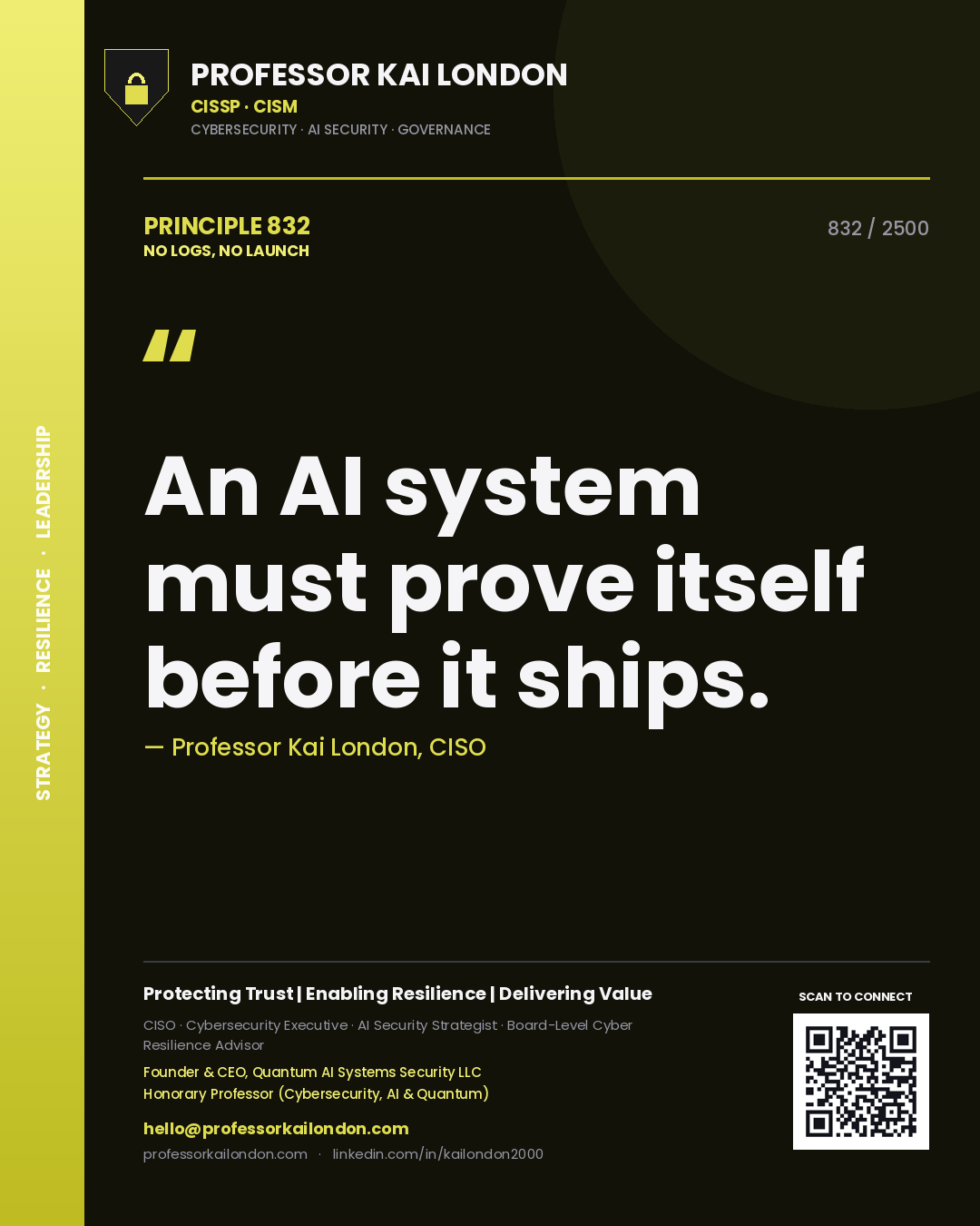 Quote card by Professor Kai London reading 'An AI system must prove itself before it ships.'. From the book No Logs, No Launch.