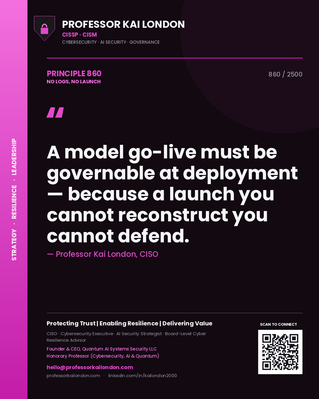 Quote card by Professor Kai London reading 'A model go-live must be governable at deployment — because a launch you cannot reconstruct you cannot defend.'. From the book No Logs, No Launch.