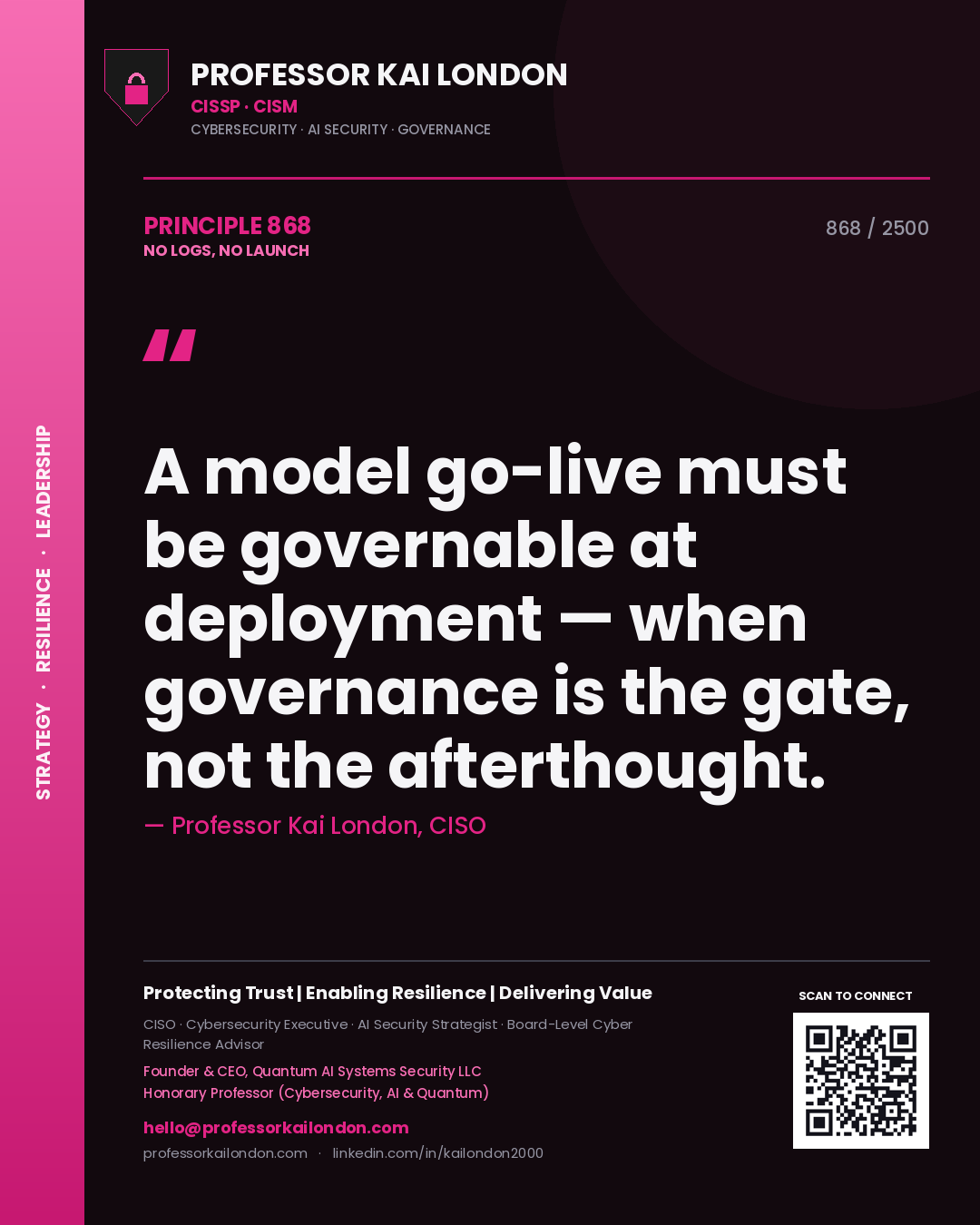 Quote card by Professor Kai London reading 'A model go-live must be governable at deployment — when governance is the gate, not the afterthought.'. From the book No Logs, No Launch.