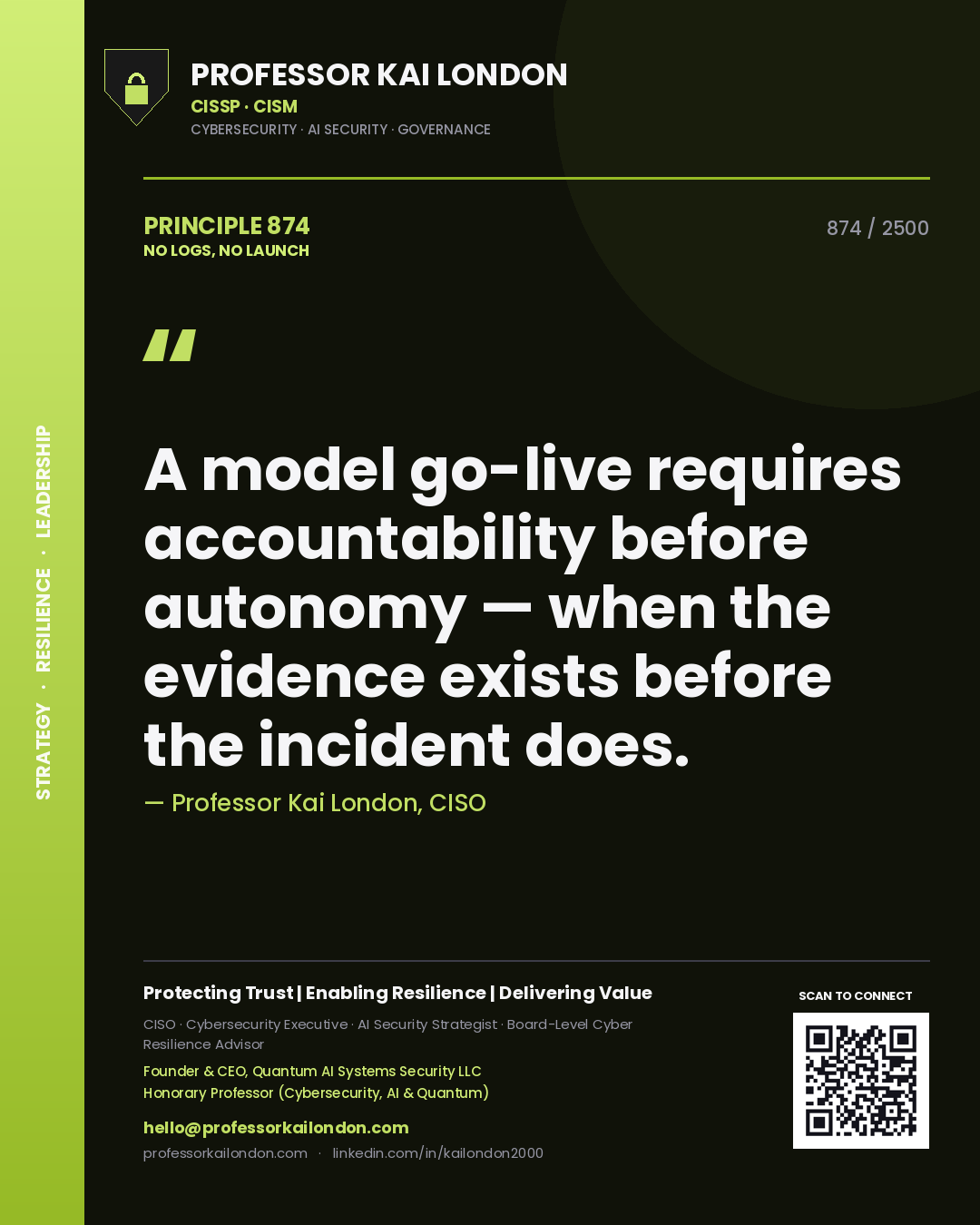 Quote card by Professor Kai London reading 'A model go-live requires accountability before autonomy — when the evidence exists before the incident does.'. From the book No Logs, No Launch.