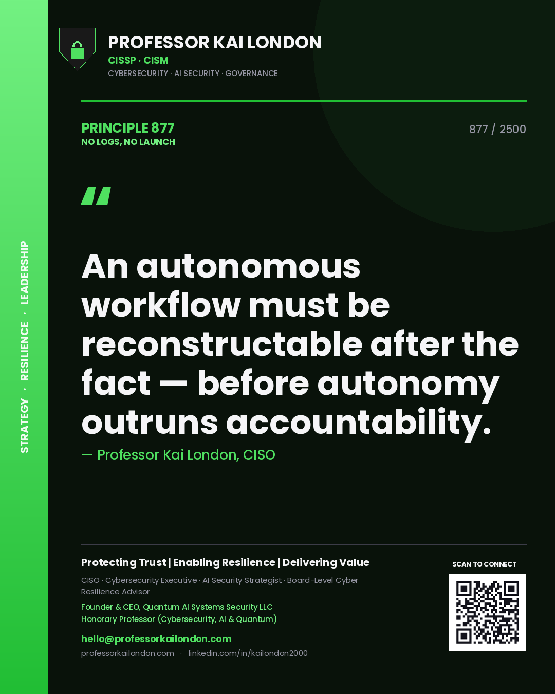 Quote card by Professor Kai London reading 'An autonomous workflow must be reconstructable after the fact — before autonomy outruns accountability.'. From the book No Logs, No Launch.