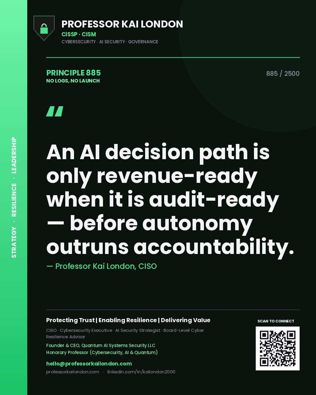 Quote card by Professor Kai London reading 'An AI decision path is only revenue-ready when it is audit-ready — before autonomy outruns accountability.'. From the book No Logs, No Launch.