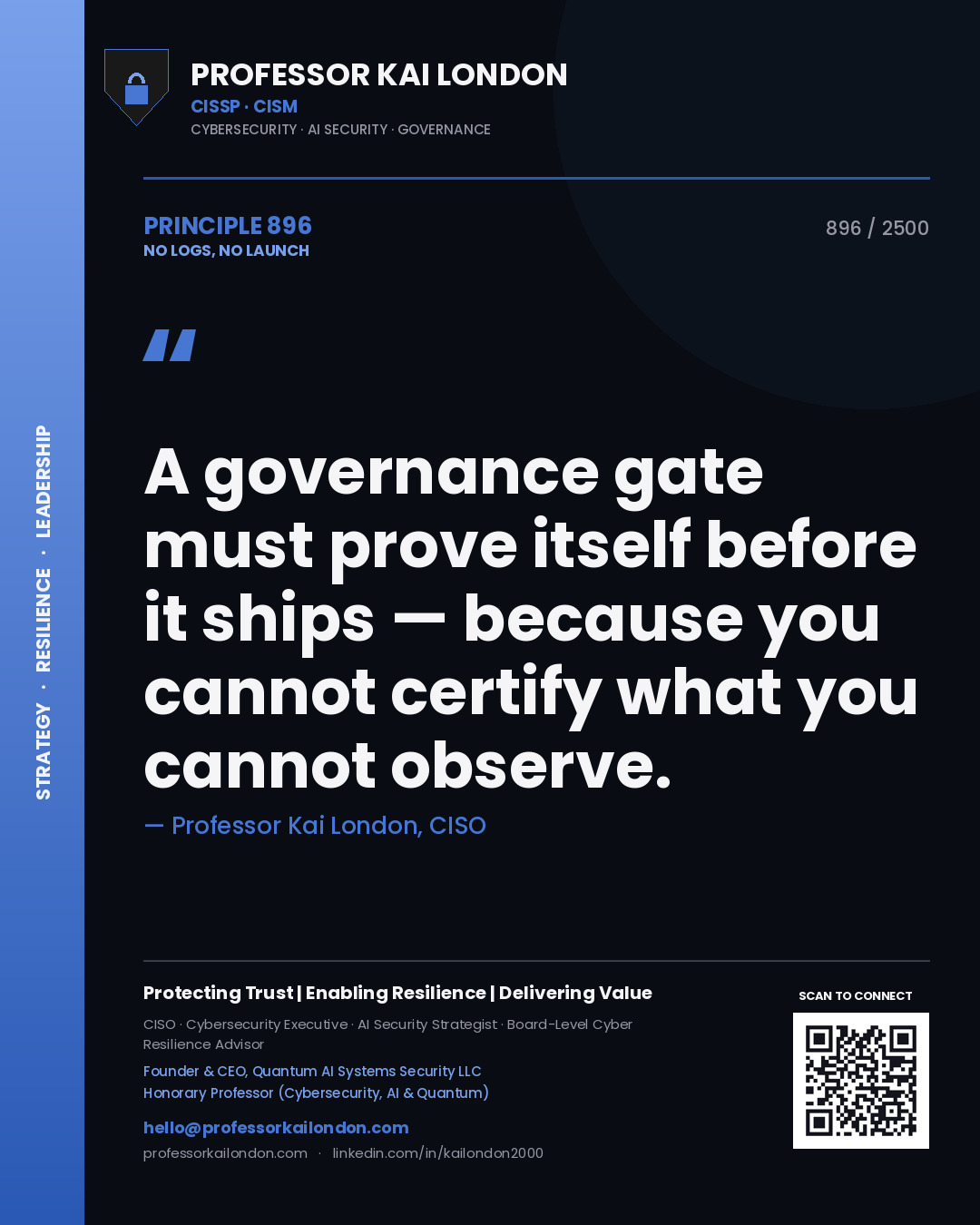Quote card by Professor Kai London reading 'A governance gate must prove itself before it ships — because you cannot certify what you cannot observe.'. From the book No Logs, No Launch.