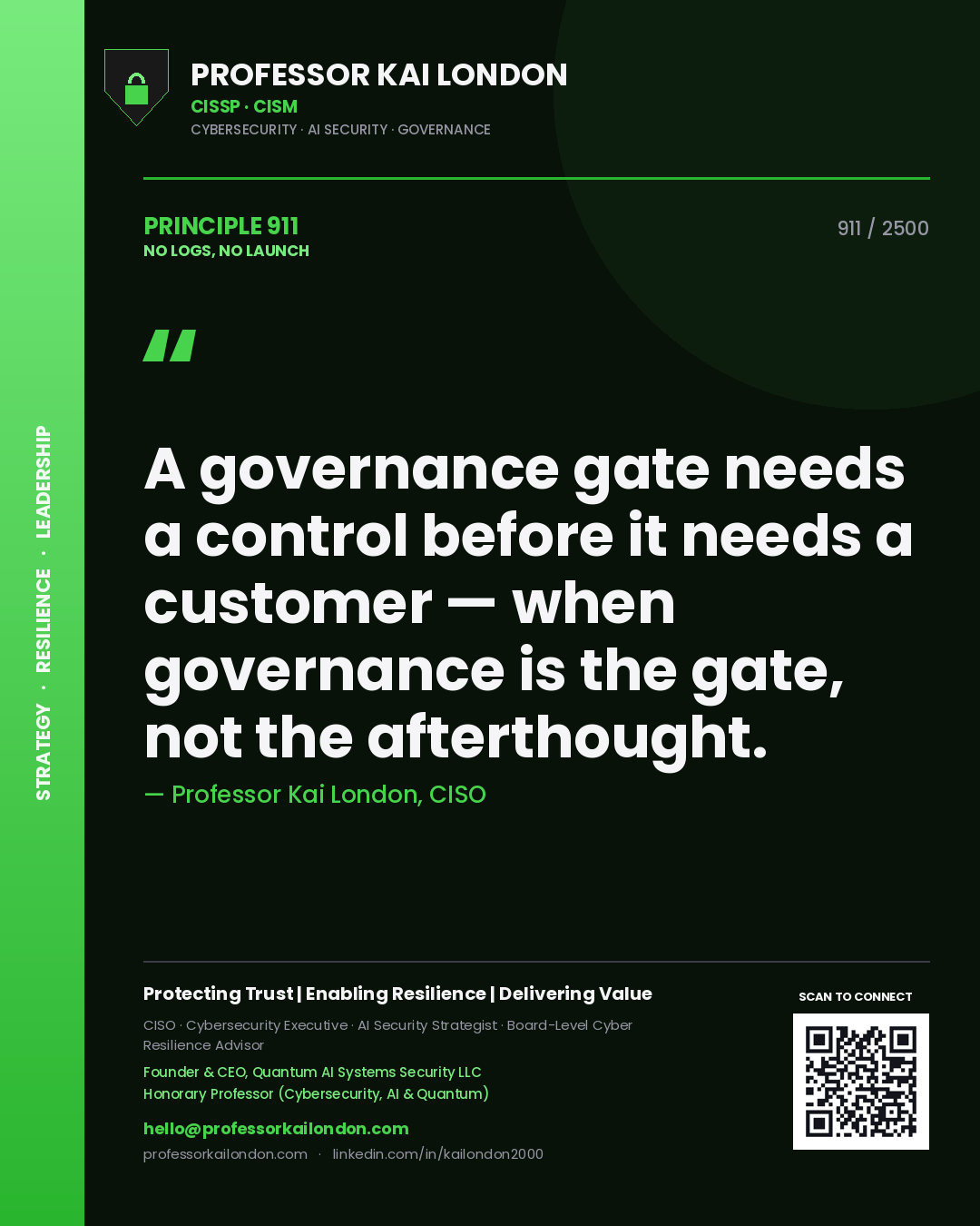 Quote card by Professor Kai London reading 'A governance gate needs a control before it needs a customer — when governance is the gate, not the afterthought.'. From the book No Logs, No Launch.