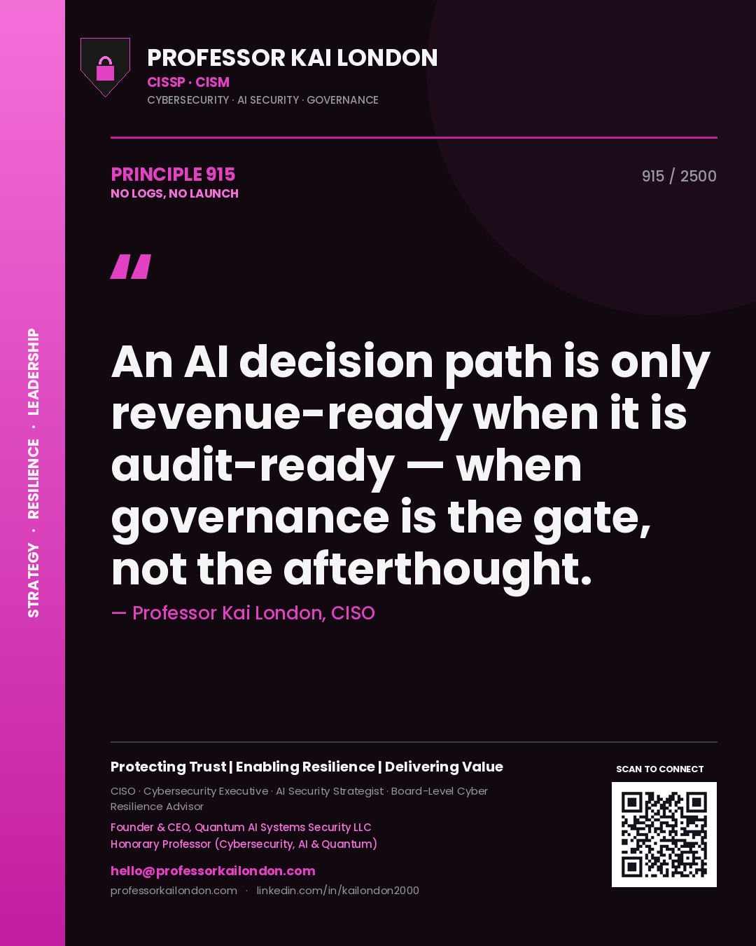 Professor Kai London principle 915: An AI decision path is only revenue-ready when it is audit-ready — when governance is the gate, not the afterthought.