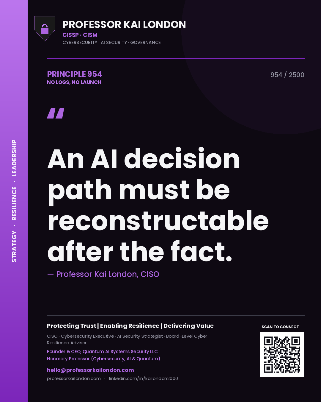 Quote card by Professor Kai London reading 'An AI decision path must be reconstructable after the fact.'. From the book No Logs, No Launch.