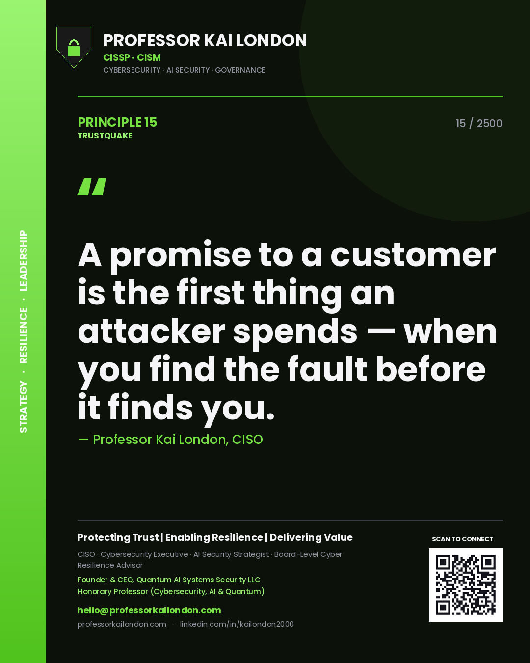Quote card by Professor Kai London reading 'A promise to a customer is the first thing an attacker spends — when you find the fault before it finds you.'. From the book Trustquake.