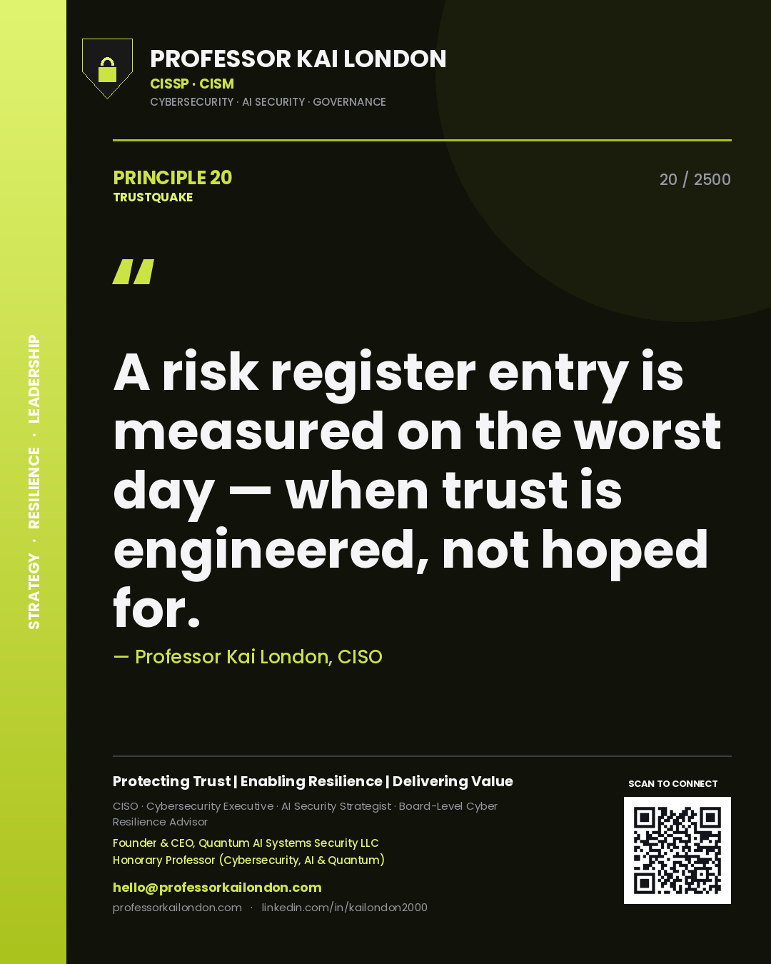 Quote card by Professor Kai London reading 'A risk register entry is measured on the worst day — when trust is engineered, not hoped for.'. From the book Trustquake.