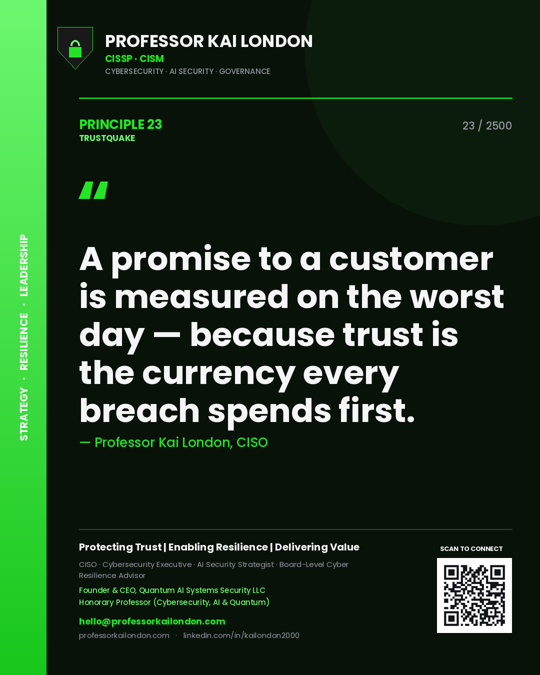 Quote card by Professor Kai London reading 'A promise to a customer is measured on the worst day — because trust is the currency every breach spends first.'. From the book Trustquake.