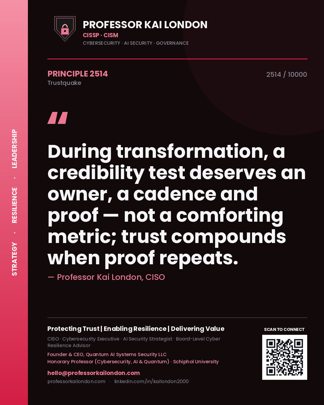 Quote card by Professor Kai London reading 'During transformation, a credibility test deserves an owner, a cadence and proof — not a comforting metric; trust compounds when proof repeats.'. From the book Trustquake.